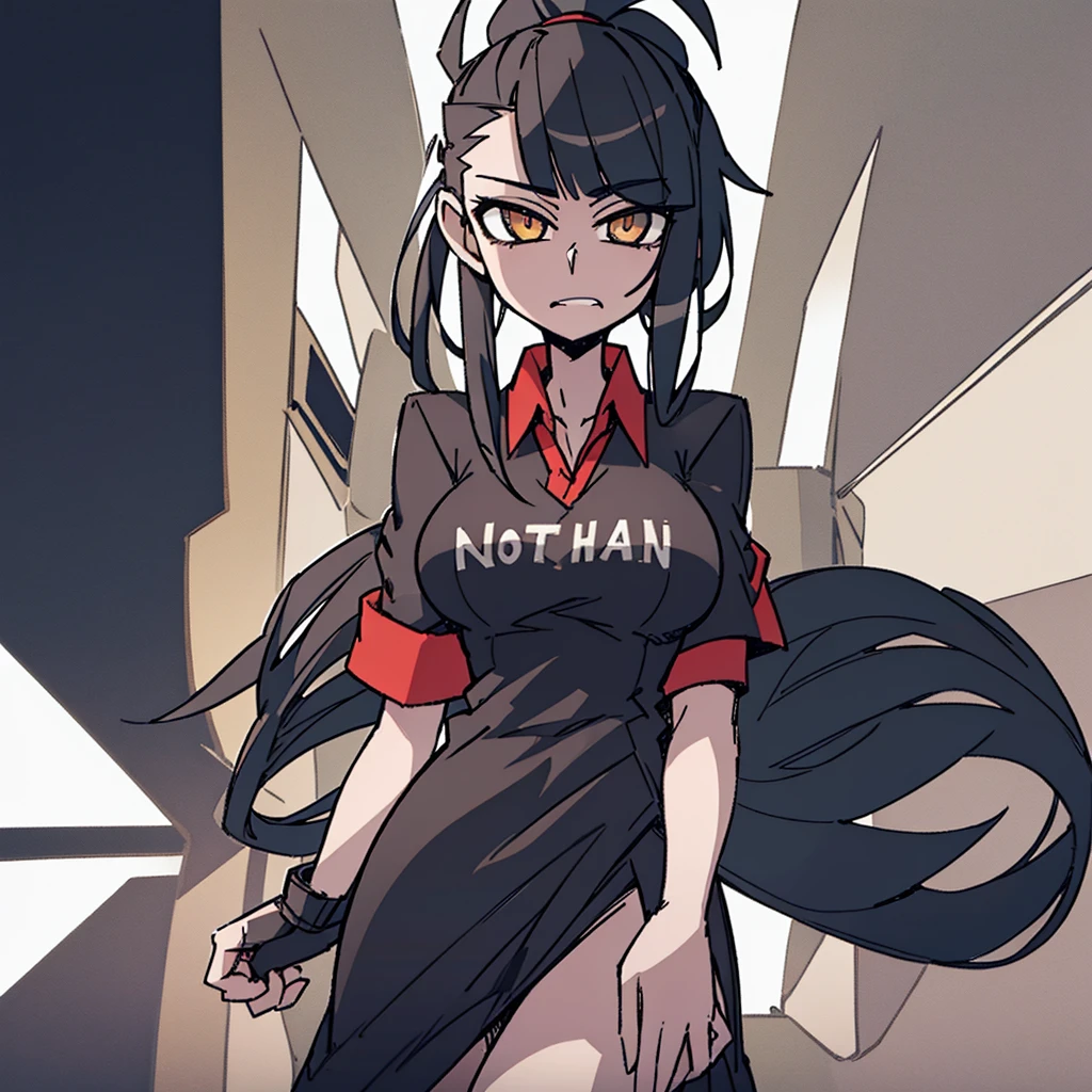 One girl, solo, High resolution, Long Hair, Black Hair, Golden Eyes, ponytail, teeth, tongue, Illustration, masterpiece, Highest quality, Ultra high definition, High resolution,Multiview, Large Breasts, Wide-angle shot, Intellectual,cool,naked