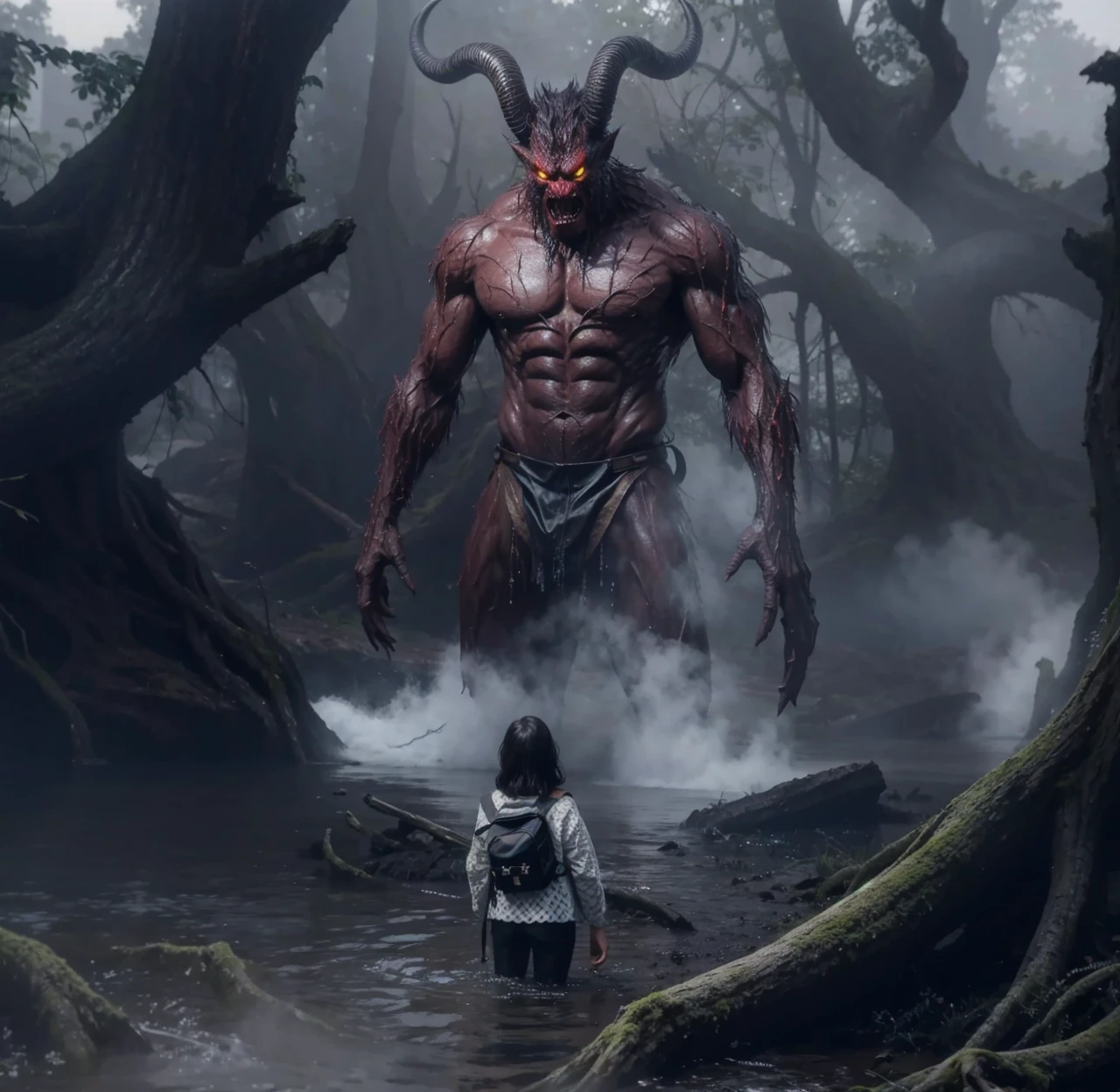 monster behind the tree near the lake, shadow visible in the water, color of the monster is the same as the atmosphere of the lake (masterpiece, best quality, high resolution, highly detailed, 8k, 4k), CG, illustration, fantasy,