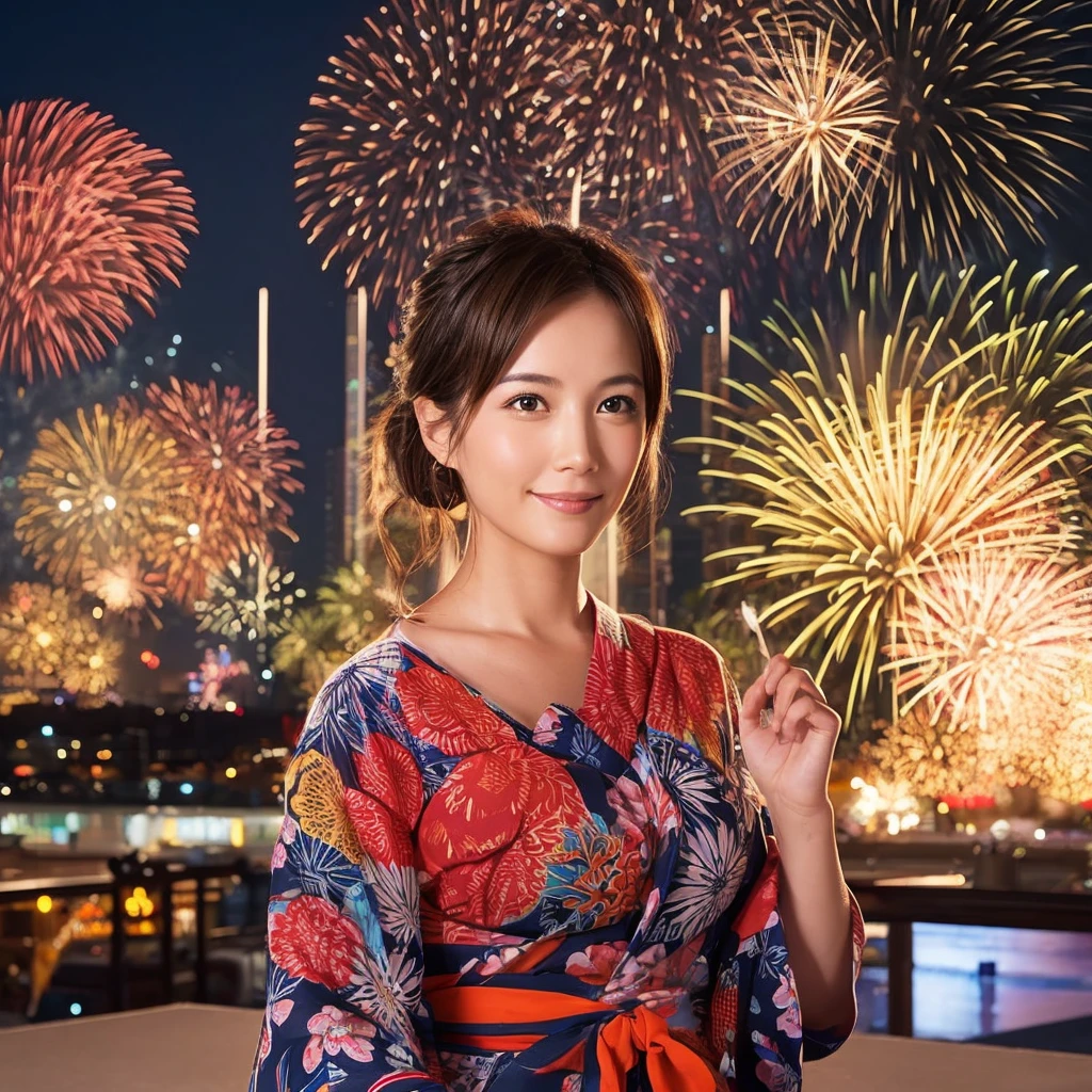 1 woman, office lady, office, 1 girl, hot,  fireworks display, yukata,