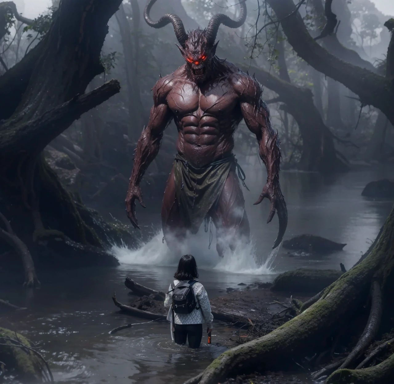 monster behind the tree near the lake, shadow visible in the water, color of the monster is the same as the atmosphere of the lake (masterpiece, best quality, high resolution, highly detailed, 8k, 4k), CG, illustration, fantasy,