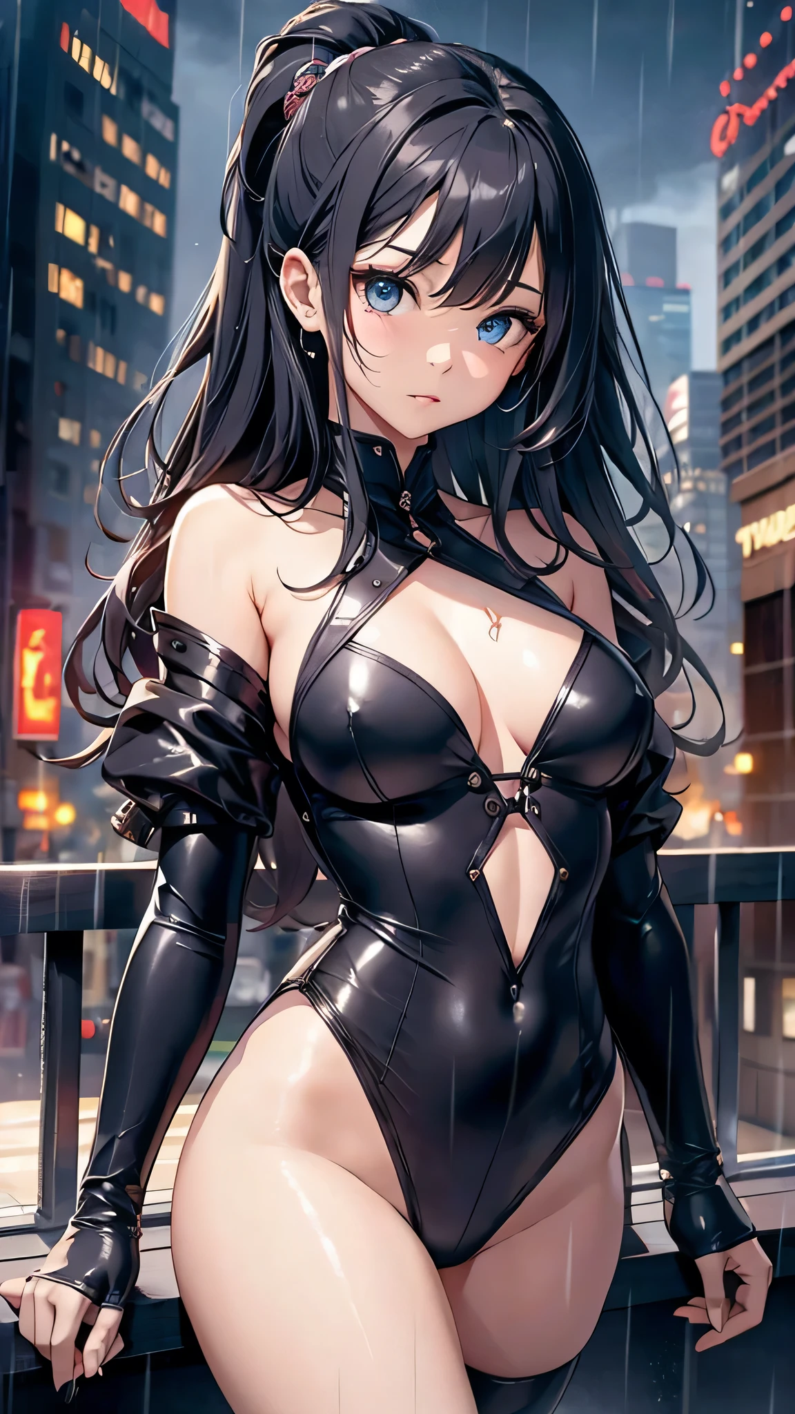 最high quality、Best image quality、masterpiece、With a girl((cute、、Best Bust、Medium Bust、Beautiful Blue Eyes、Spread your chest wide,Black Hair、Disheveled Hair、thin、Highest Valley、Black Kunoichi Costume))high quality、Beautiful art、background((night、heavy rain、City、Dark Clouds)),Tabletop、Exquisite design、Visual Arts、Written boundary depth、Best lighting、Highest detail、8k