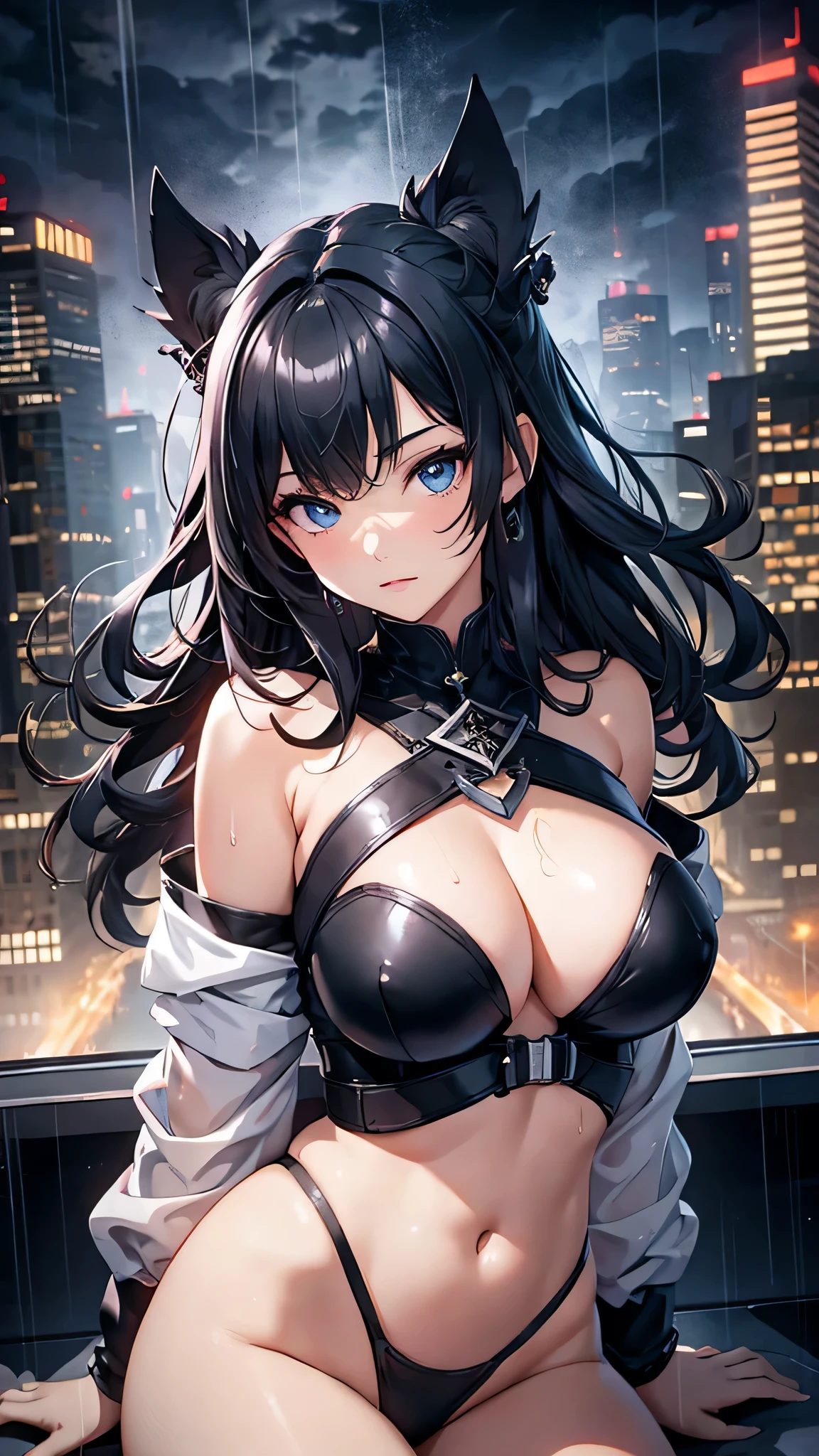 最high quality、Best image quality、masterpiece、With a girl((cute、、Best Bust、Medium Bust、Beautiful Blue Eyes、Spread your chest wide,Black Hair、Disheveled Hair、thin、Highest Valley、Black Kunoichi Costume)）high quality、Beautiful art、background((night、heavy rain、City、Dark Clouds)),Tabletop、Exquisite design、Visual Arts、Written boundary depth、Best lighting、Highest detail、8ｋ