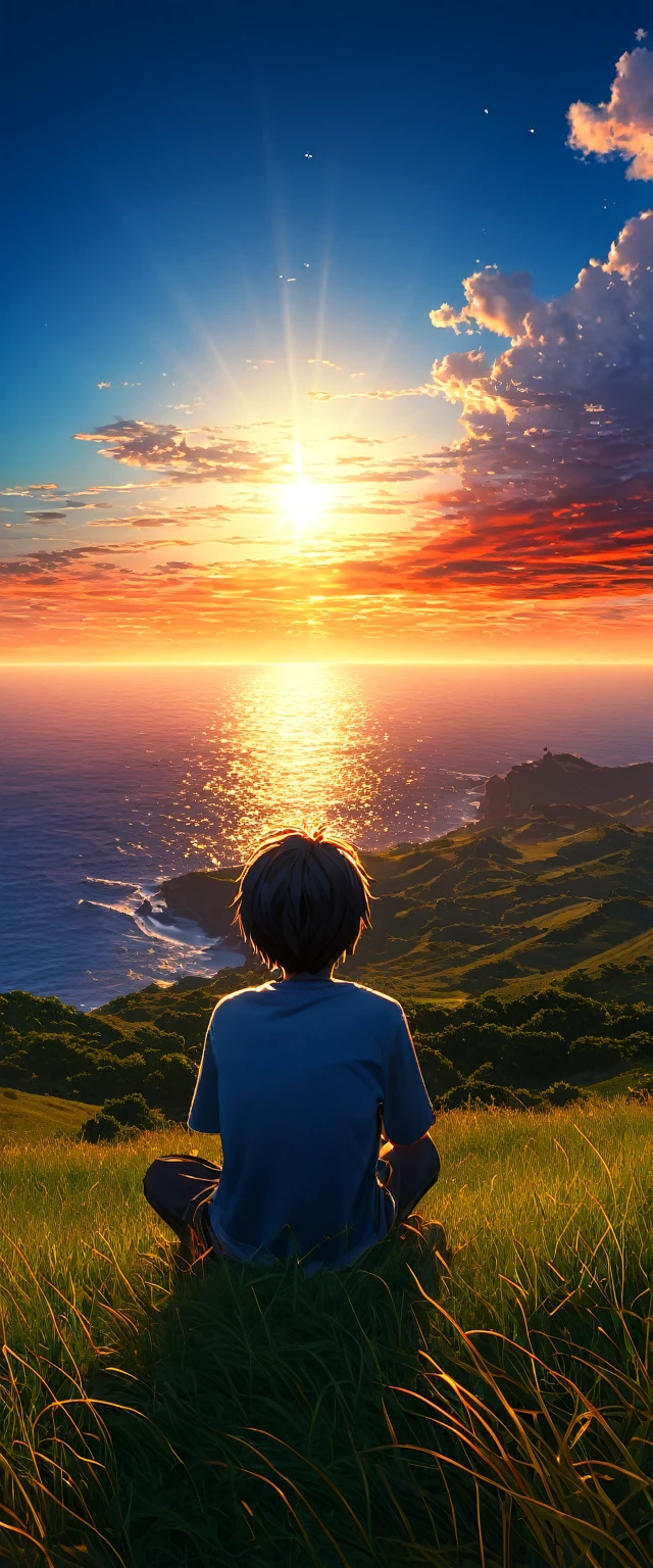 High quality, 8K Ultra HD. un gatito, The image shows a boy sitting anime watching The terrifying ocean at sunrise from a grassy hill, with a background of vibrant blue sky and red and orange hues of the sun. anime art wallpaper 4k, arte digital de Shen Che-Tsai, pexels, realismo fantástico, entre nubes celestiales iluminadas por el sol, nubes celestiales, cielo asombroso, Atardecer en las nubes, nubes doradas, cielo impresionante, nubes impresionantes, nubes magnificas, nubes brillantes, Nubes al atardecer, cielo en la tierra, luces celestiales doradasanime art wallpaper 4K, anime background, anime art wallpaper 8K, anime art background, anime landscape wallpaper, amazing wallpaper, high quality wallpaper definition,4k animated wallpaper,4k animated wallpaper,Aries Moross art,Bob Byerley art,AshleyWoodArtAI,greg rutkowski