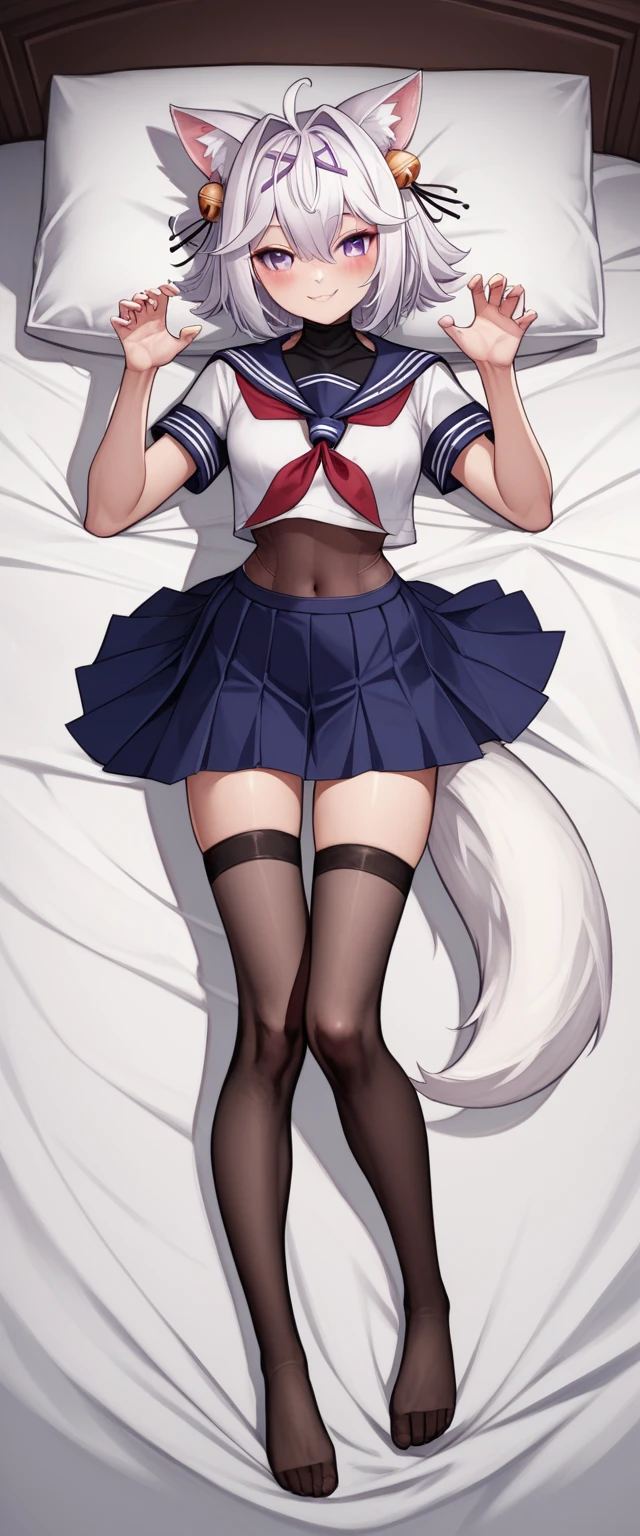 UHD, masterpiece, best quality, soft light, moonlight, full body light, purple bed, 1girl, ((lying on bed)), solo, full body, Filian, fox tail, small cat ears, white hair, short hair, ahoge, hairclip, hair ornament, hair bell, waist length pony tail, deep violet eyes, blush, happy smile, serafuku, red neckerchief, swimsuit under clothes, covered navel, blue skirt, black stockings, slim arms, slim legs, innocent hand pose, Eye-Level Shot, front view, full body pose, pageant pose, cross legs, innocent pose