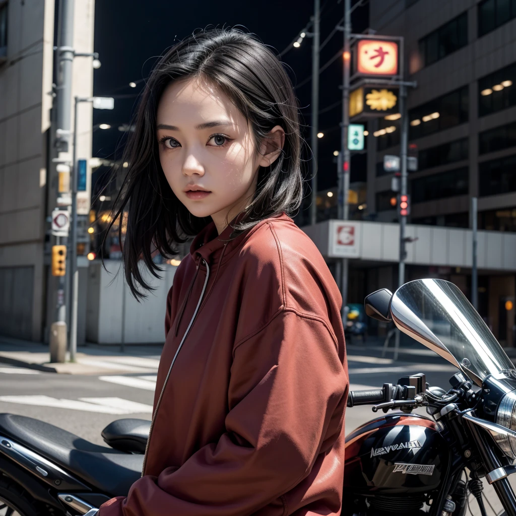 Cloth capture style from the anime Tokyo Revenges by Ken Wakui, adult woman, 20 years old, Eyes red, slanted eyes all black hair, far away, Loose, side hairstyle, showing forehead, NO HAIR ON THE FOREHEAD, NO HAIR IN FRONT OF FACE, NO HAIR IN FRONT OF EYES, sweatshirt jacket, riding a Japanese motorcycle, Old red Kawasaki, city background