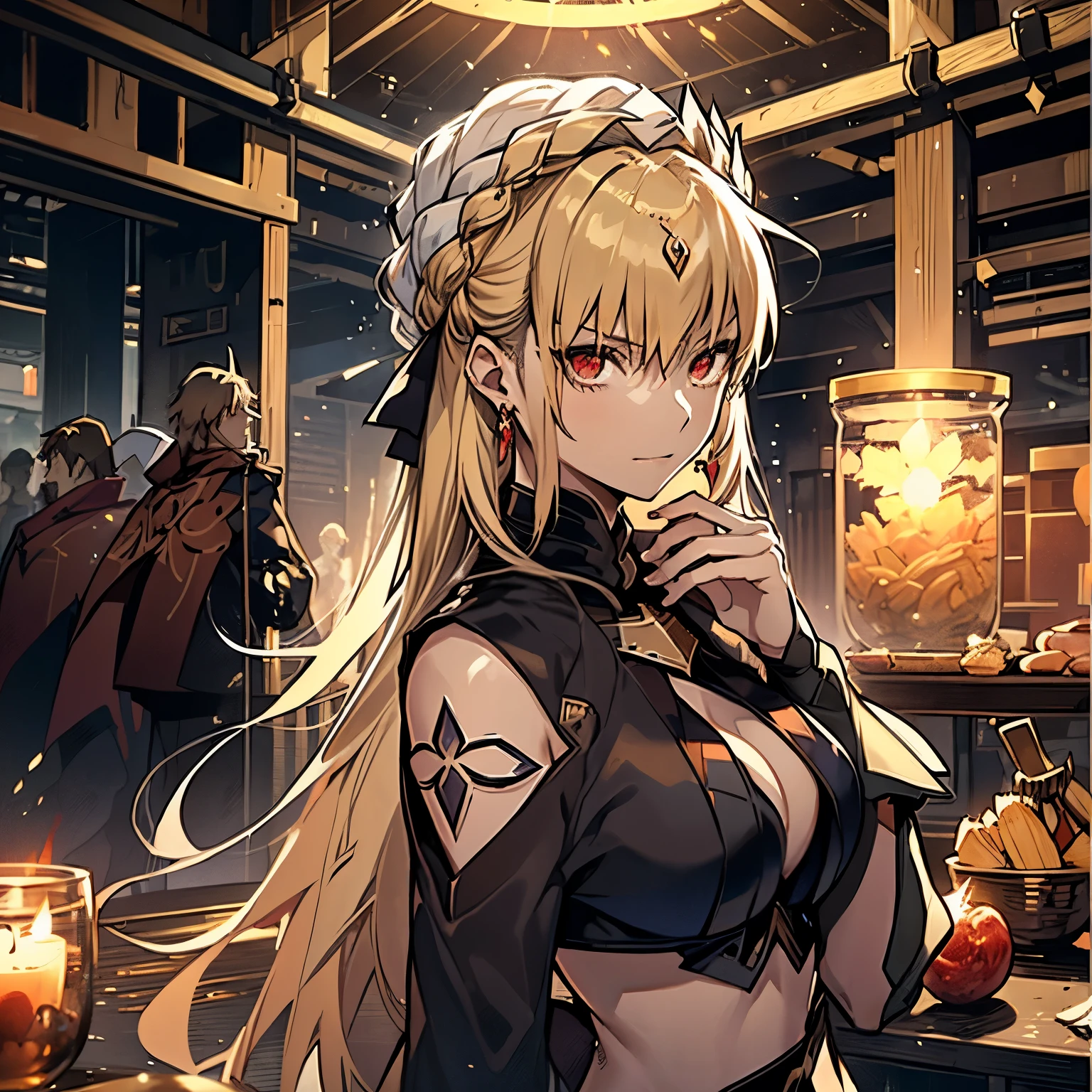 8k, Jar, ((a beautiful woman)),((Fate Stay Night Desenho)), Gilgamesh solo female version, empress, ((a beautiful woman)), ((Eyes red)), long hair, golden hair, at , sword in the waist
