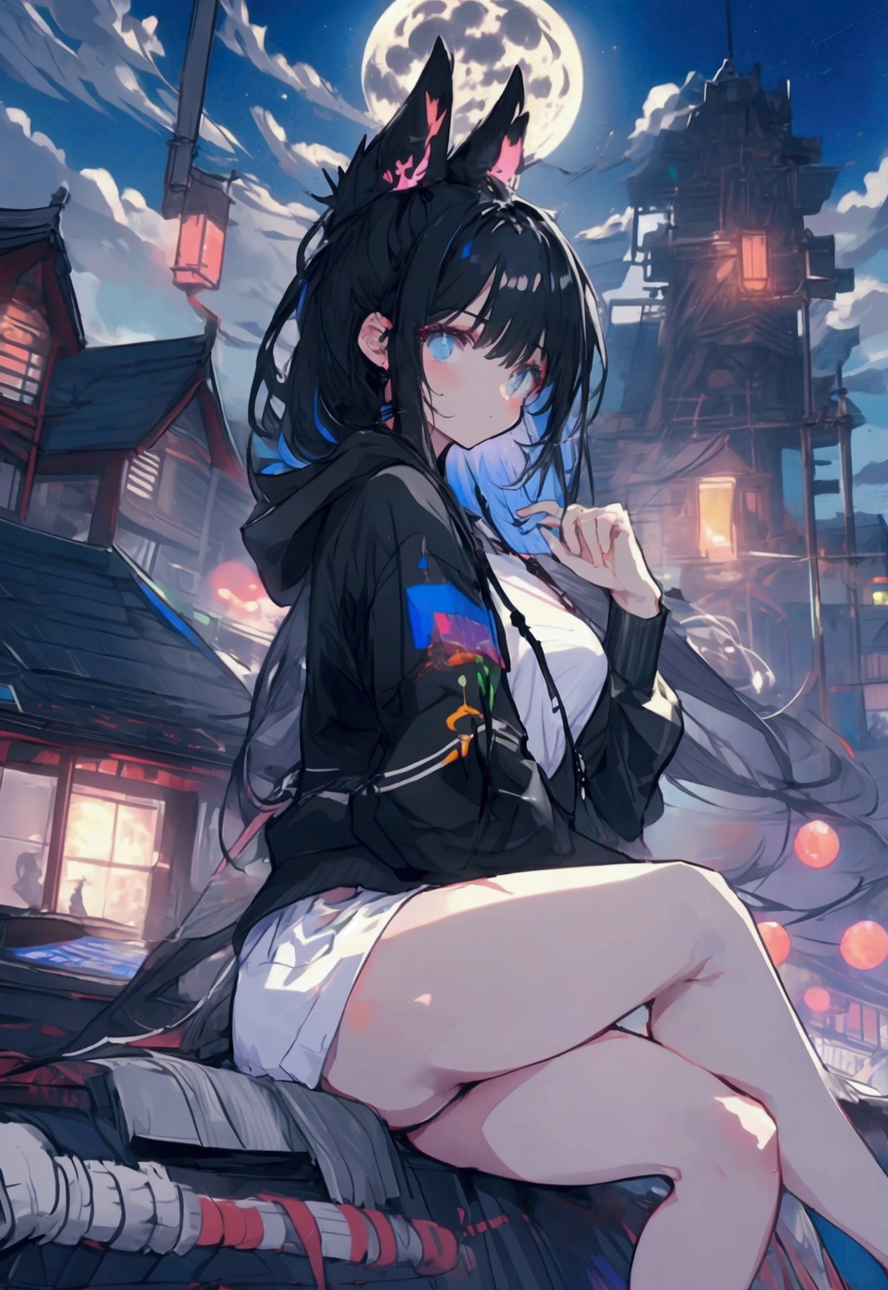 Using a laptop、Beautiful Face、Beautiful legs、Black Hair、On the roof,、night、full moon,neon.hoodie,Sitting、Row of buildings、Giant Woman