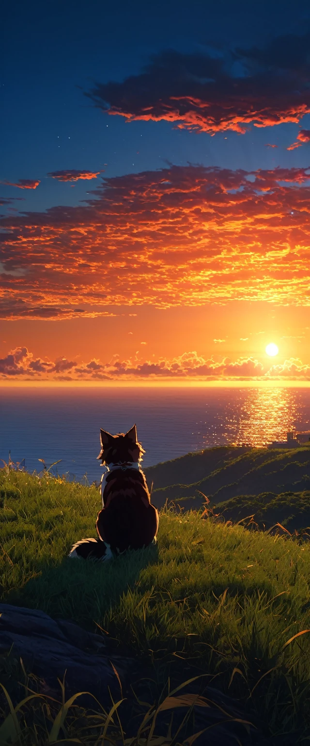 High quality, 8K Ultra HD. un gatito, The image shows a boy sitting anime watching The terrifying ocean at sunrise from a grassy hill, with a background of vibrant blue sky and red and orange hues of the sun. anime art wallpaper 4k, arte digital de Shen Che-Tsai, pexels, realismo fantástico, entre nubes celestiales iluminadas por el sol, nubes celestiales, cielo asombroso, Atardecer en las nubes, nubes doradas, cielo impresionante, nubes impresionantes, nubes magnificas, nubes brillantes, Nubes al atardecer, cielo en la tierra, luces celestiales doradasanime art wallpaper 4K, anime background, anime art wallpaper 8K, anime art background, anime landscape wallpaper, amazing wallpaper, high quality wallpaper definition,4k animated wallpaper,4k animated wallpaper,Aries Moross art,Bob Byerley art,AshleyWoodArtAI,greg rutkowski