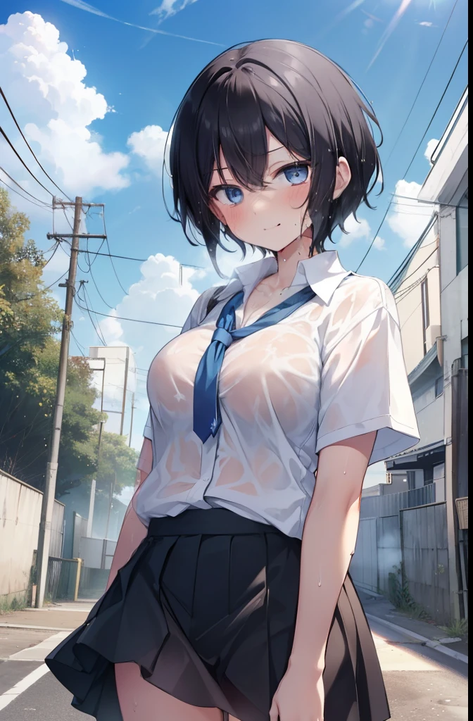 Residential area,the way,sunny,Girl 1,boyish,Very Short Hair,Black Hair,blue eyes,smile,Serious face,blush,Sweaty,Wet,Summer uniform,mini skirt,White shirt,Cowboy Shot,walk,sun,cloud,Big Breasts,