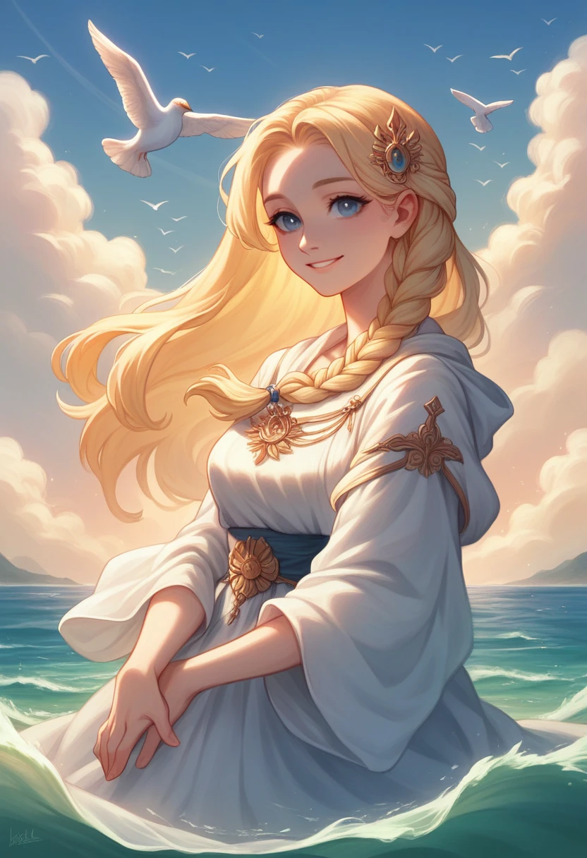 ,((Best quality))),8k,((Masterpiece)),(Extremely refined and beautiful), there is a girl coming out of the sea, a swan princess in Russian mythology, beautiful calm face, blue eyes, long blonde hair braided, the moon braided hair on the back of the head, white old Russian shiny clothes with a Kokoshnik crown on his head, affectionate eyes, half a smile, a gentle expression on his face, seascape and sunlight in the background, seagulls in the sky, full length, realism