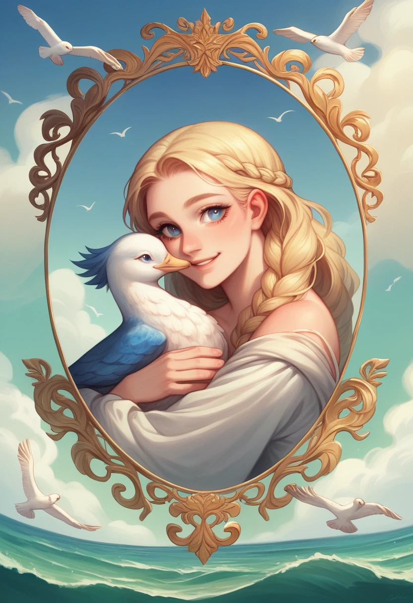 ,((Best quality))),8k,((Masterpiece)),(Extremely refined and beautiful), there is a girl coming out of the sea, a swan princess in Russian mythology, beautiful calm face, blue eyes, long blonde hair braided, the moon braided hair on the back of the head, white old Russian shiny clothes with a Kokoshnik crown on his head, affectionate eyes, half a smile, a gentle expression on his face, seascape and sunlight in the background, seagulls in the sky, full length, realism