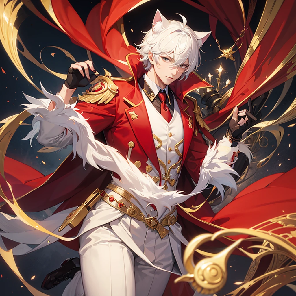 Change into a man and into a handsome cat wearing a red cape.