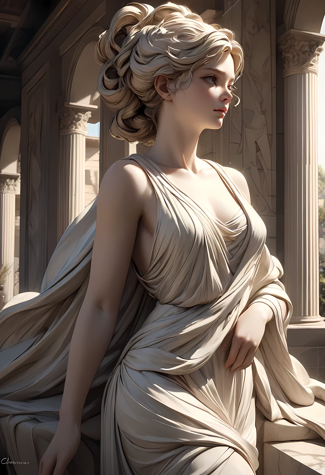 Ancient Greek art, A beautiful detailed sculpture of a Greek goddess, intricate and super-realistic textured folds in the dress, highly detailed and realistic sculpture inspired by the Venus de Milo, A realistic sculpture that looks like it's about to move at any moment, masterpiece, 8k, ultra-detailed, hyper-realistic, dramatic lighting, chiaroscuro, classical greek art, marble texture, smooth surfaces, elegant pose, serene expression, classical architectural background