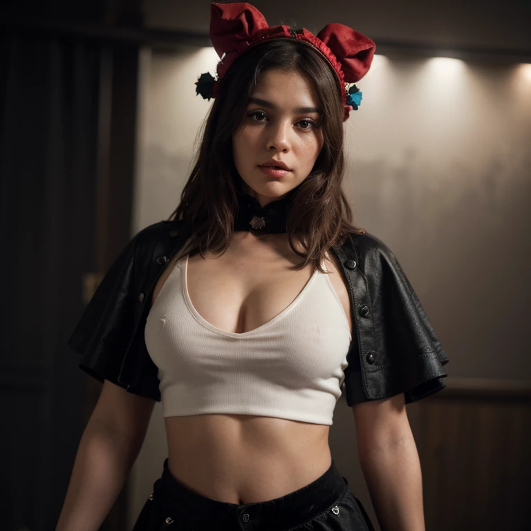 ((extreme detail)),(ultra-detailed), extremely detailed CG unity 8k wallpaper, velvet, figurine, red hood, crop top, star headdress, puffy sleeves, lips, looking away, close-up, head turn, black background