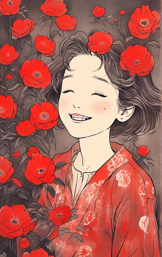 a cartoon drawing of a girl with her hair in her face with flowers behind her, 1girl, solo, smile, closed eyes, short hair, flower, open mouth, red monochrome、masterpiece, best quality,