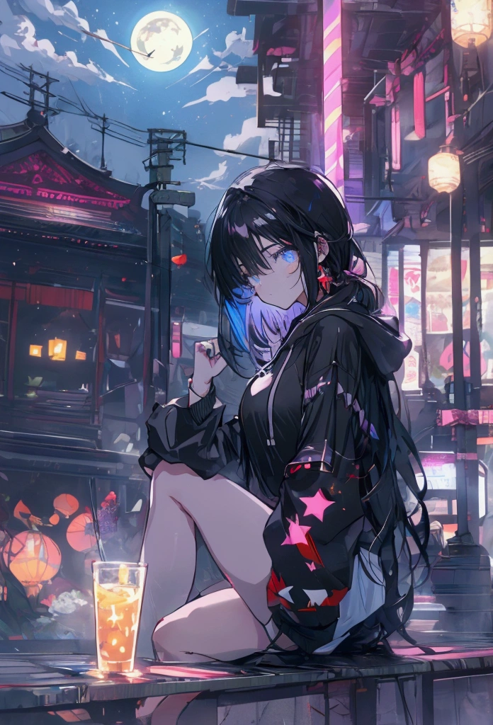 Using a laptop、Beautiful Face、Beautiful legs、Black Hair、On the roof,、night、full moon,neon.hoodie,Sitting、In town