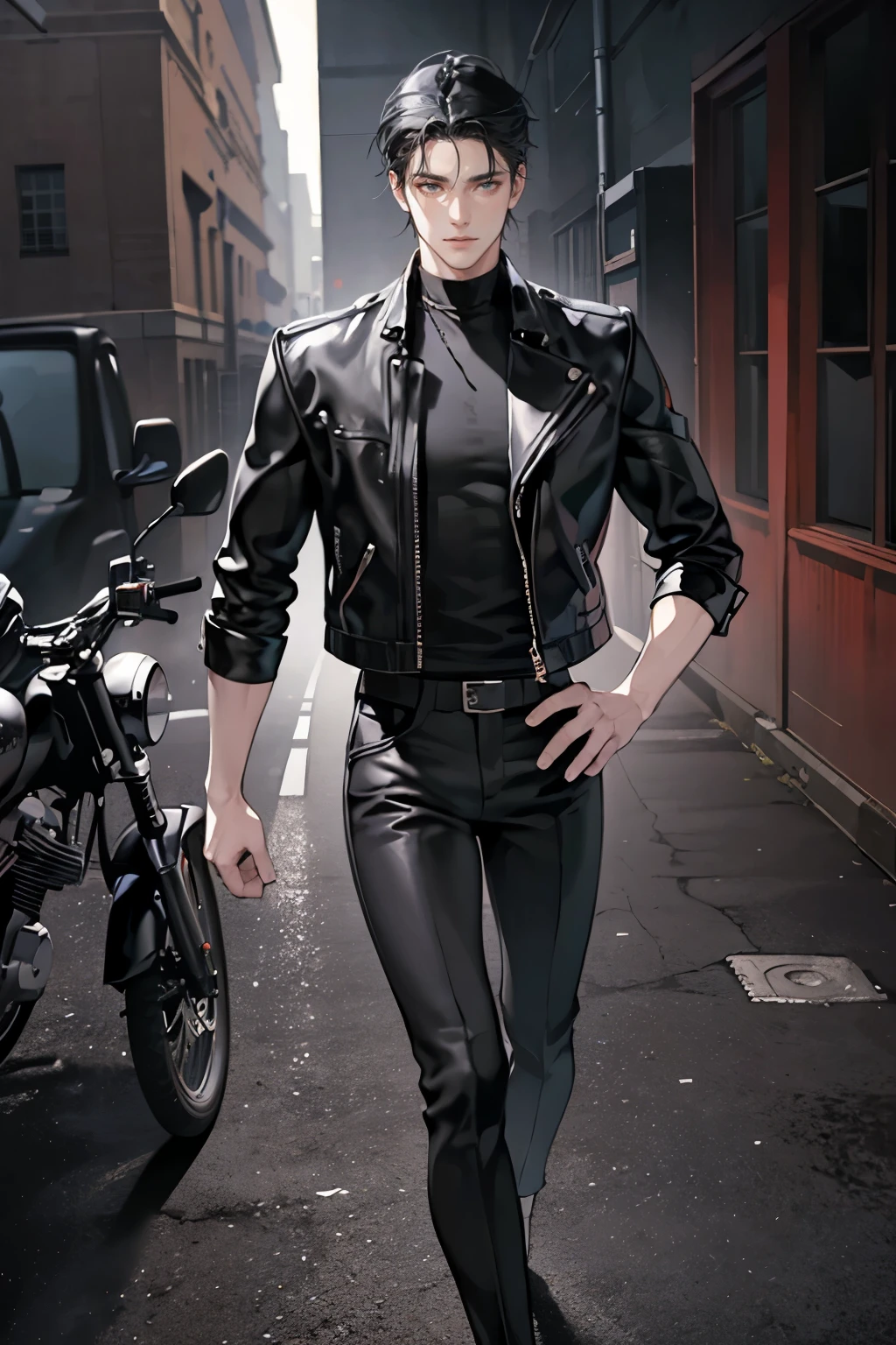 anime - (masterpiece), best quality, seductive eyes, mature face, black eyes, short slicked back black haircut, plain black t shirt, black leather jacket, black pants, tall man, long legs, masculine, broad shoulders, adult-like, full body, hands on hips, bad boy, motorcycle