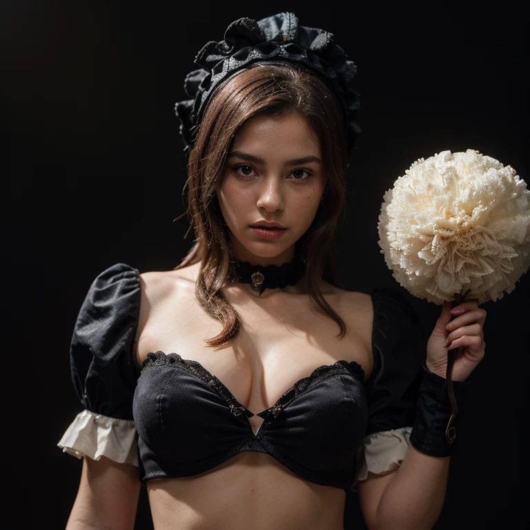 ((extreme detail)),(ultra-detailed), extremely detailed CG unity 8k wallpaper, velvet, figurine, red hood, crop top, star headdress, puffy sleeves, lips, looking away, close-up, head turn, black background