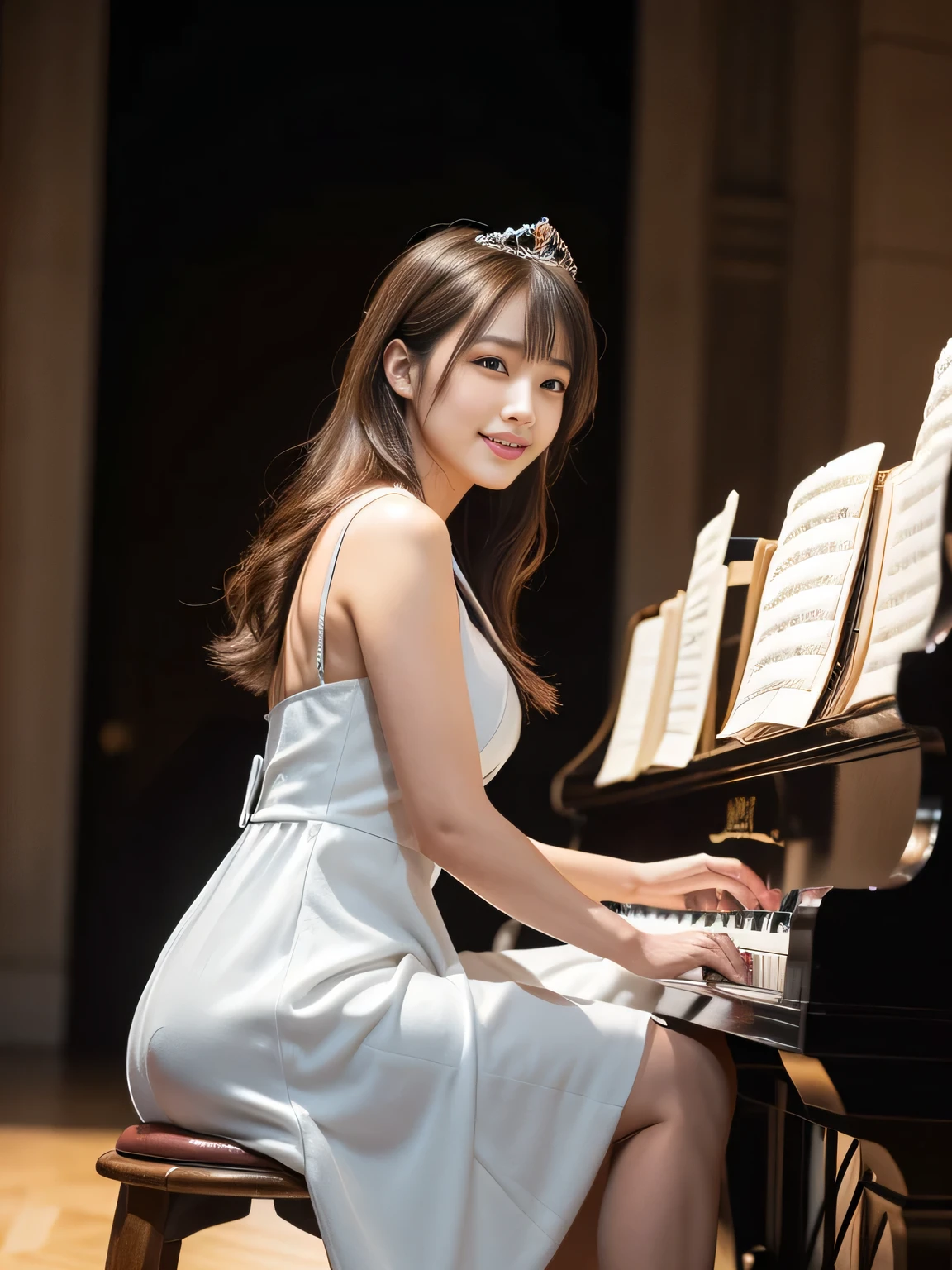alone,Sexy and provocative smile, (Glowing Skin:1.05),(blush:0.9),(Skin dents:1.15),Realistic, Tabletop, Highest quality, High resolution,Absurd, (Perfect Face:1.1), ,(Highest quality,8k,32K,masterpiece,Hmph:1.3),超High resolution,(Realistic:1.4),RAW Photos,Beautiful Hair, (Wearing a sexy princess dress), Cleavage,,Medium Full Breasted,stage of concert hall, Detailed Background, Perfect lighting, Written boundary depth, Beautiful shadow gradation,Grand piano1Tower、Rear view of the pump,Plan only,Playing while sitting on a piano stool,1Towerのピアノ,