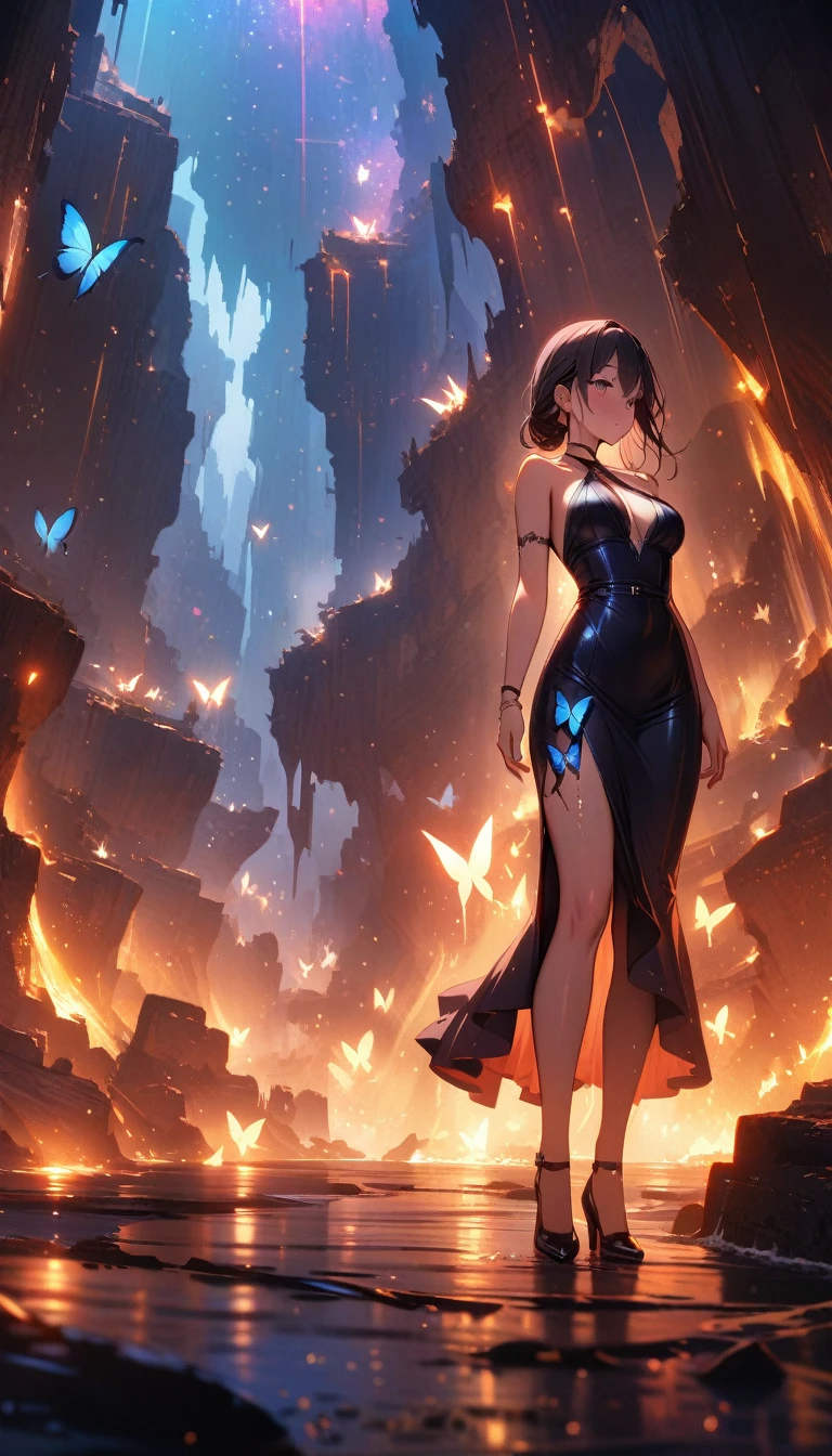 ((best quality)) , ((masterpiece)) , (detailed),1girl,female police officer, spitting in the mountain ditch,((full body)),((Beautiful butterflies in detail)),((Beautiful stars in detail)),(((halter dress ))),particle,(Starry sky in beautiful detail),(Hazy fog),(Ruins of beautiful details),(((Standing on the surface of the sea)))