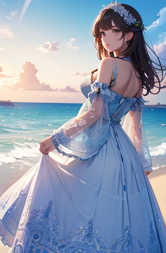masterpiece、background（（Sea side、Sandy Beach））、20-year-old、Beautiful girl、Huge 、Very intricate embroidery on the dress、Skirt、