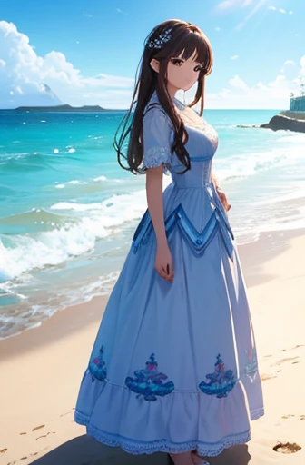 masterpiece、background（（Sea side、Sandy Beach））、20-year-old、Beautiful girl、Huge 、Very intricate embroidery on the dress、Skirt、