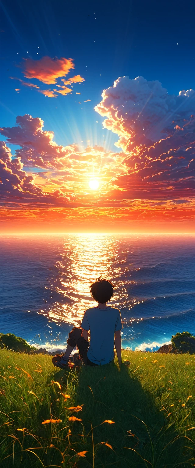 High quality, 8K Ultra HD. , The image shows a boy con un gatito sitting anime watching The terrifying ocean at sunrise from a grassy hill, with a background of vibrant blue sky and red and orange hues of the sun. anime art wallpaper 4k, arte digital de Shen Che-Tsai, pexels, realismo fantástico, entre nubes celestiales iluminadas por el sol, nubes celestiales, cielo asombroso, Atardecer en las nubes, nubes doradas, cielo impresionante, nubes impresionantes, nubes magnificas, nubes brillantes, Nubes al atardecer, cielo en la tierra, luces celestiales doradasanime art wallpaper 4K, anime background, anime art wallpaper 8K, anime art background, anime landscape wallpaper, amazing wallpaper, high quality wallpaper definition,4k animated wallpaper,4k animated wallpaper,Aries Moross art,Bob Byerley art,AshleyWoodArtAI,greg rutkowski