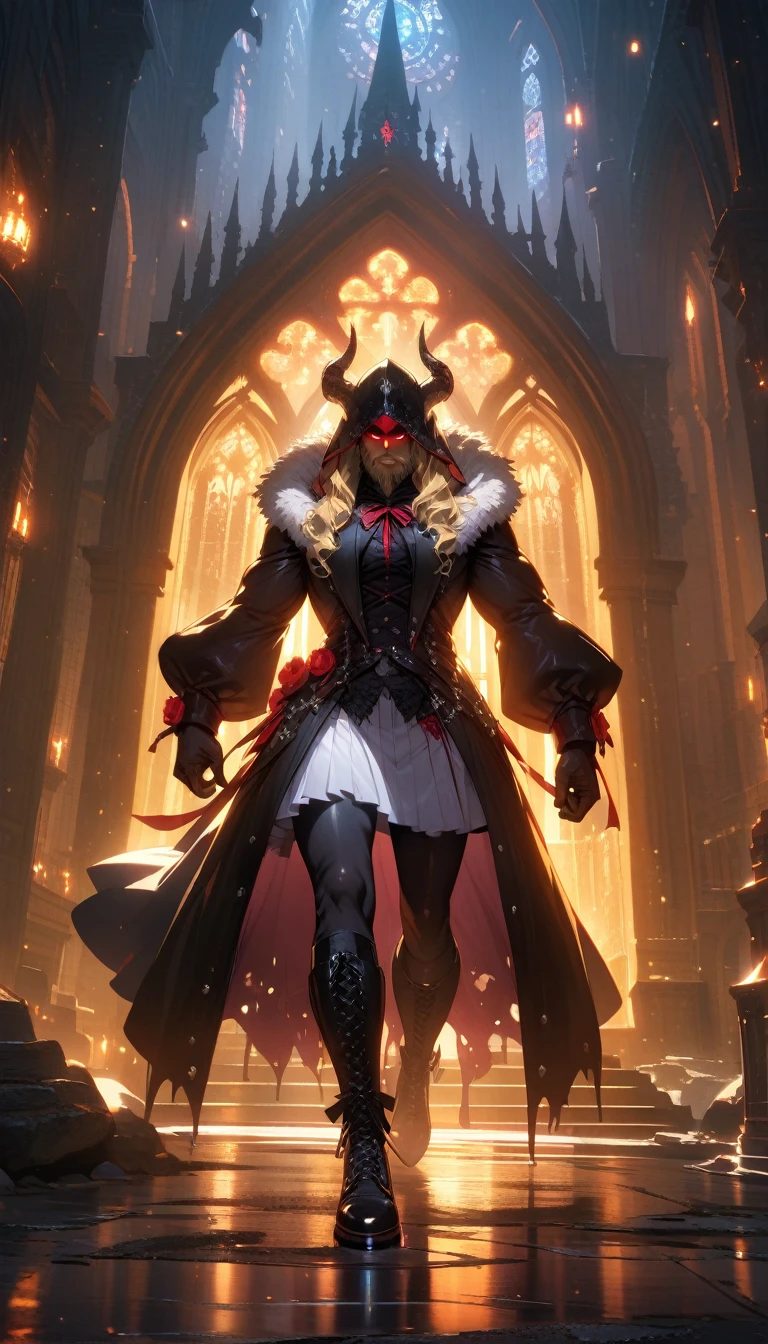 ((best quality)) , ((masterpiece)) , (detailed)，horns, giant, glowing, glowing eyes, beard, male focus, 1boy,  helmet, holding, facial hair, fur trim, teeth, muscular,((full body))，((full body)),blonde wavy hair, (shiny long hair), ((Gothic Lolita)), blue white skirt, ((short skirt)), black Headdress, bowknot, (((hair ornament))), (hair flower), Lace, cross-laced footwear, ribbon-trimmed sleeves, building architecture, ((gothic architecture)), starry sky, outdoors, church, (castle)