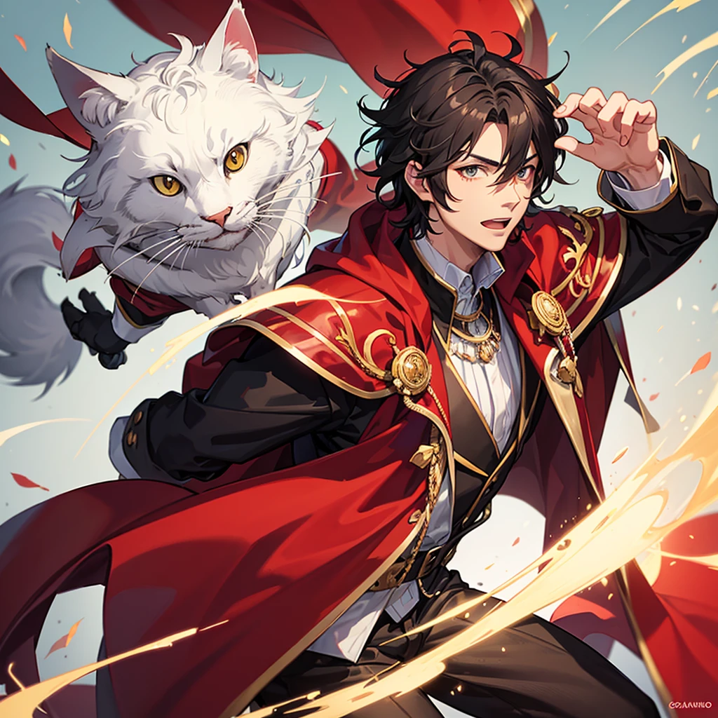 Changed into a man and into a handsome cat-type creature wearing a red cape.