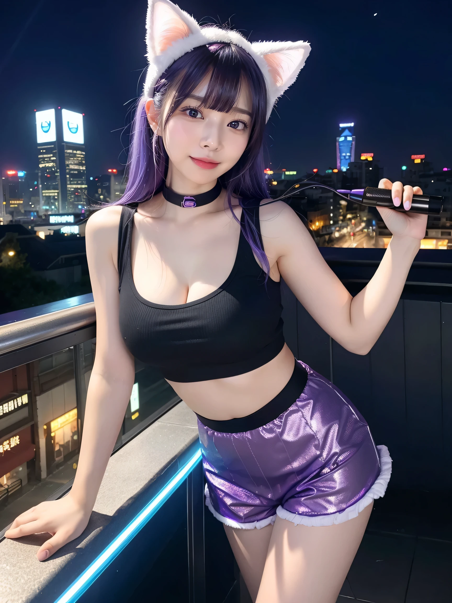 最high quality, masterpiece, 32K、Very detailed、Realistic、1 girl, Japanese women、Cute Face, (photo current:1.3),Bob Hair(Blue-violet hair color、Amazing blue and purple hairstyles)、Edge lighting, (Skin with attention to detail:1.2), 8k超High resolution, Single-lens reflex camera, high quality, High resolution, 4K, 8k, Optimal ratio of four fingers to one thumb, (current:1.3), cute 1 girl, Realistic、Super Realistic、32K、Very detailed、masterpiece, 最high quality, beautiful girl, beauty、Mecha, Beautiful lighting, (Neon Light:1.2), (night:1.5), K-Pop Idol Costumes、Sleeveless outfit、White-based houndstooth pattern sleeveless top、Jersey fabric shorts、Large Breasts(big 、There is a valley)、Cat ears microphone headphones(Headphones Gaming Headgear with Mic、Head Fan)、Are standing、Cyber Neon、Future City、Skyscraper、City night、Shanghai、big cities、night scene、綺麗なnight scene
