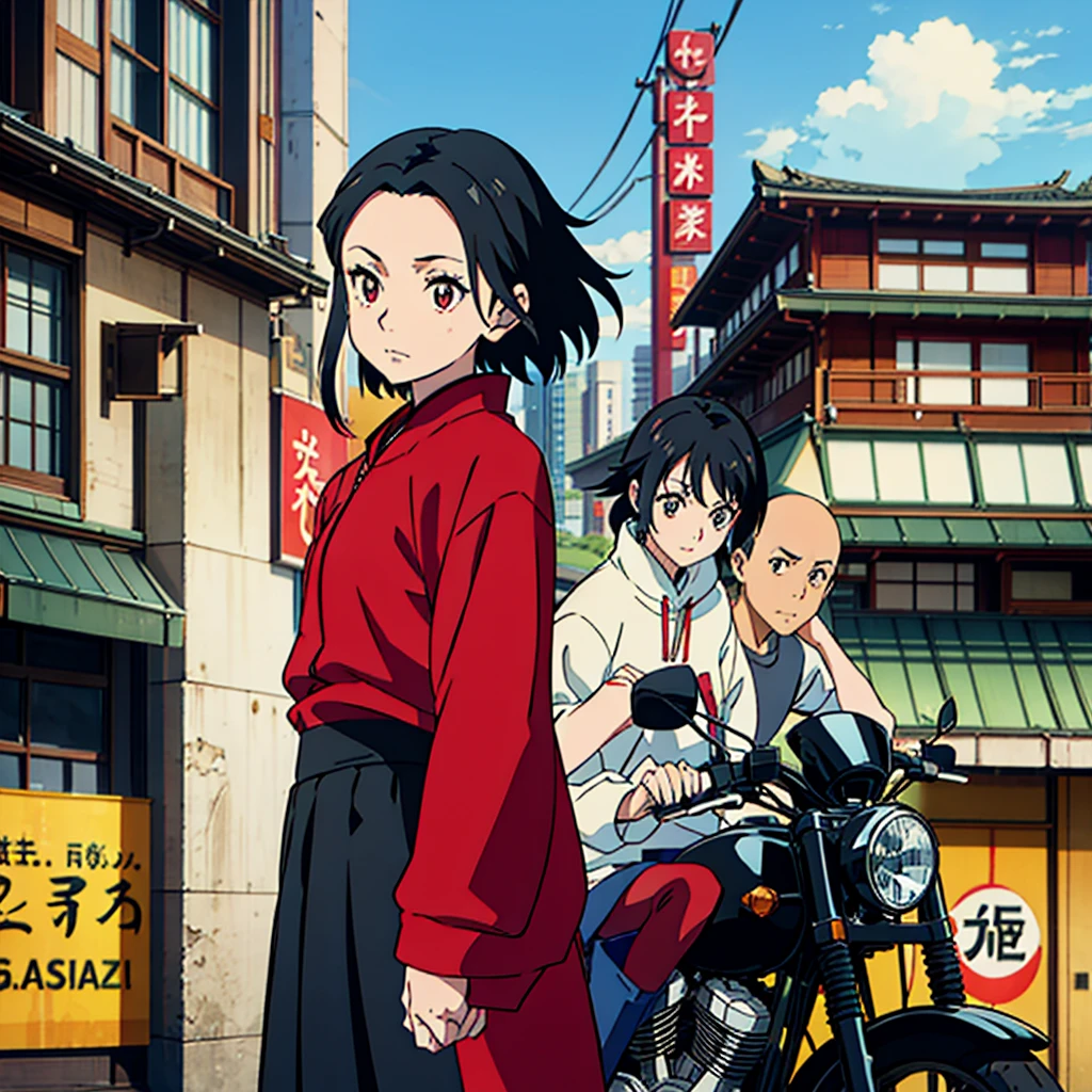 Cloth capture style from the anime Tokyo Revenges by Ken Wakui, adult woman, 20 years old, Eyes red, slanted eyes all black hair, far away, Loose, side hairstyle, showing forehead, NO HAIR ON THE FOREHEAD, NO HAIR IN FRONT OF FACE, NO HAIR IN FRONT OF EYES, sweatshirt jacket, riding a Japanese motorcycle, Old red Kawasaki, city background