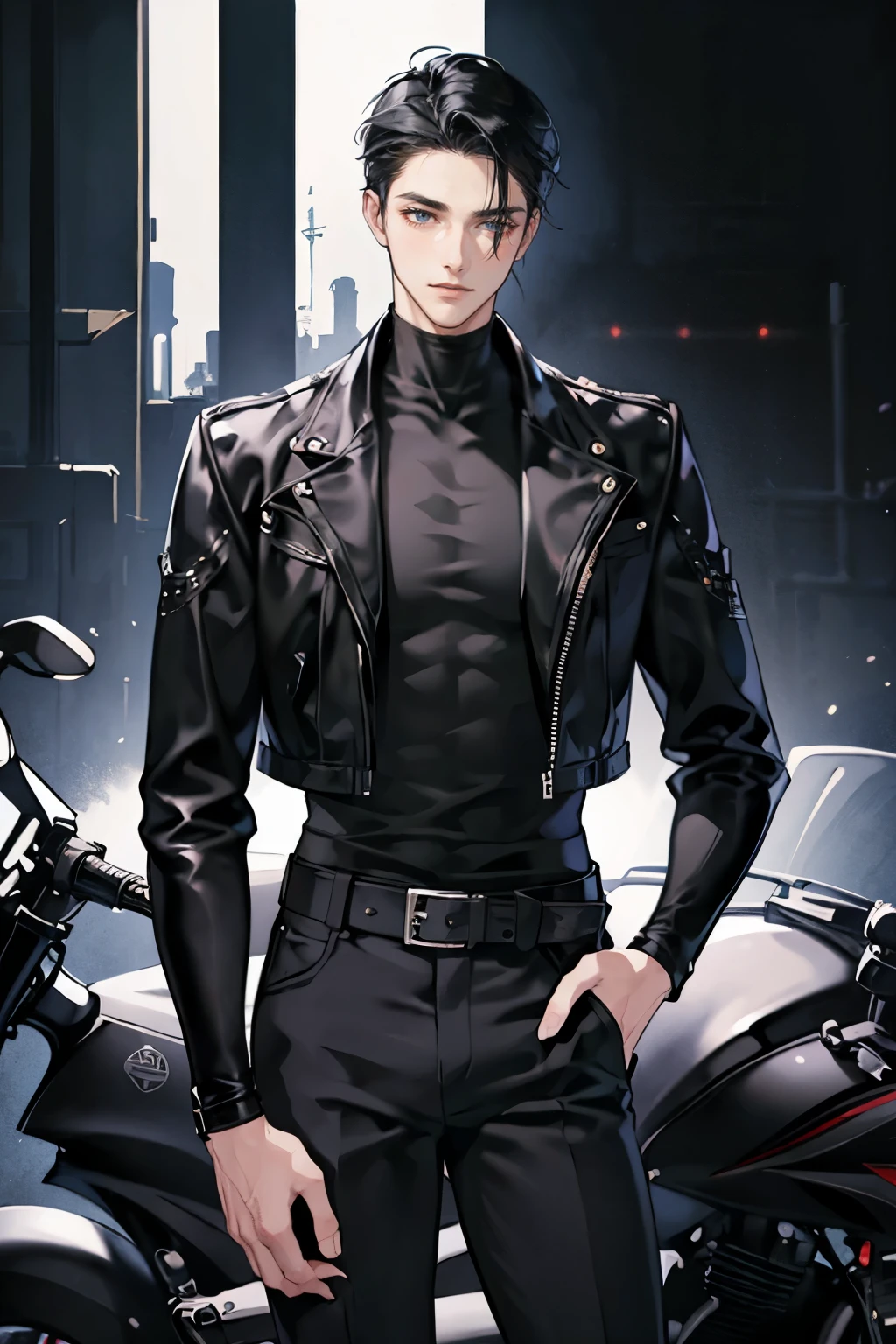 anime - (masterpiece), best quality, seductive eyes, mature face, black eyes, short slicked back black haircut, plain black t shirt, black leather jacket, black pants, tall man, long legs, masculine, broad shoulders, adult-like, full body, hands on hips, bad boy, motorcycle
