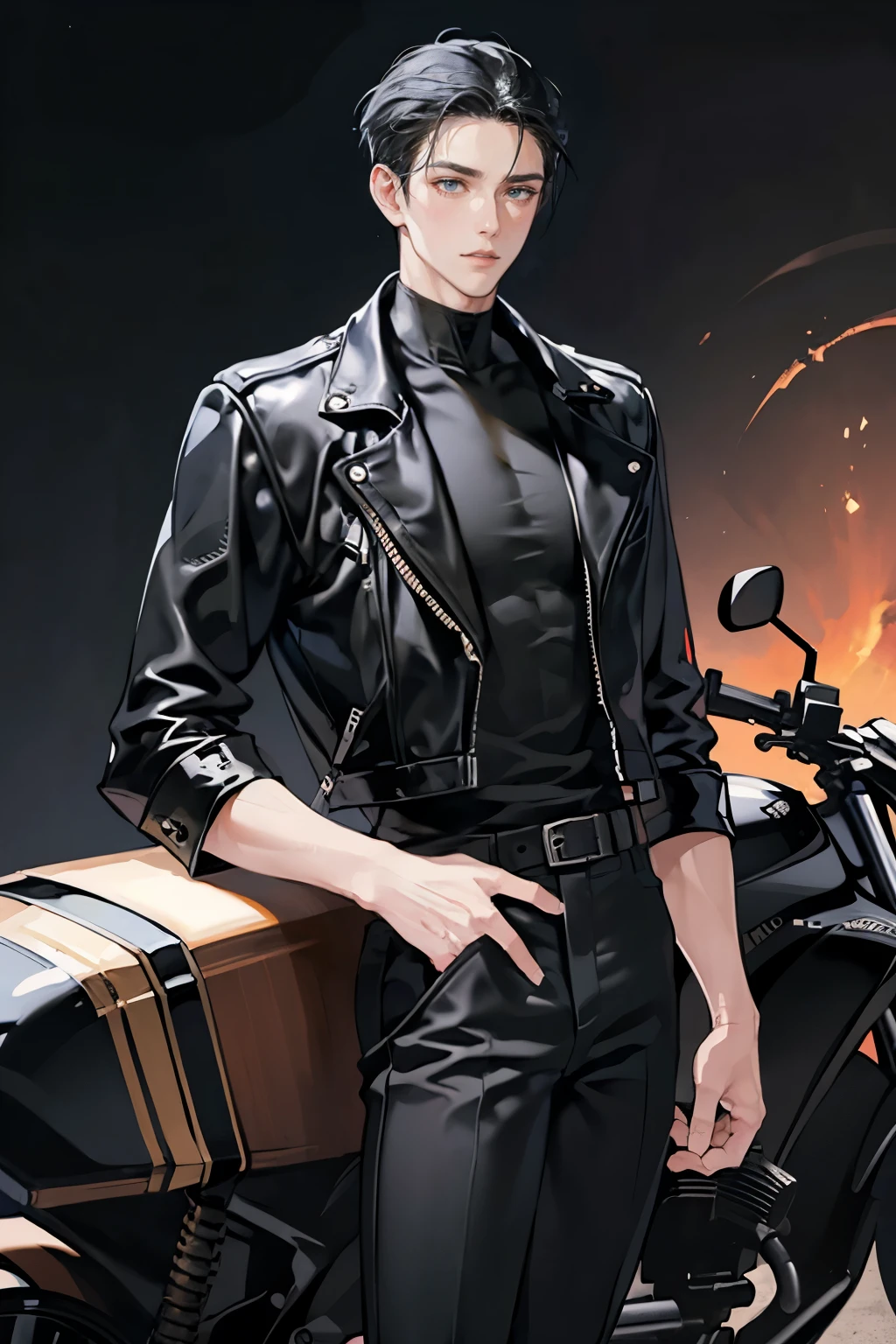 anime - (masterpiece), best quality, seductive eyes, mature face, black eyes, short slicked back black haircut, plain black t shirt, black leather jacket, black pants, tall man, long legs, masculine, broad shoulders, adult-like, full body, hands on hips, bad boy, motorcycle