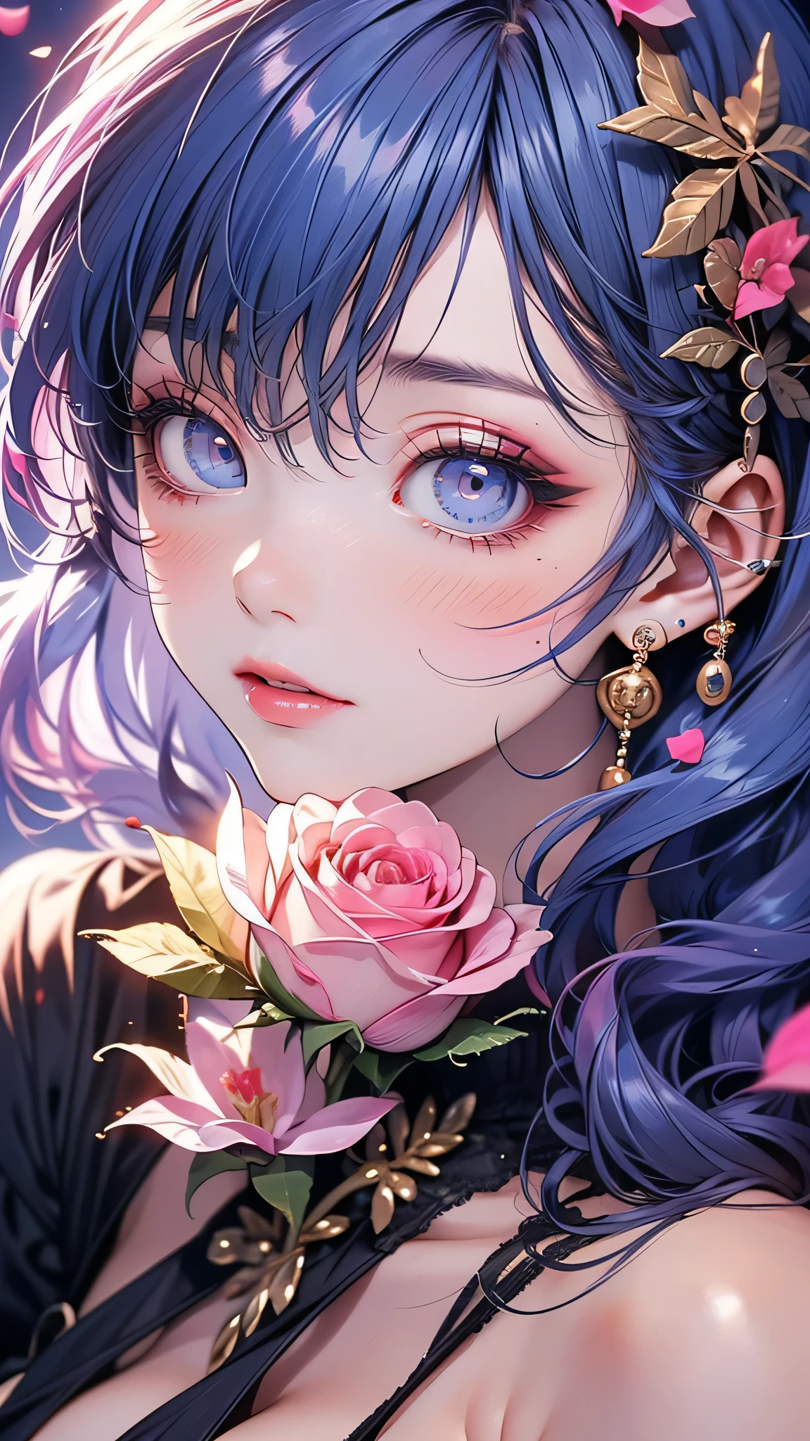 Very detailed, Seductive erotic woman sweating, (Very delicate and beautiful face), (Beautiful eyes in every detail),Breasts covered in rose petals, (Big Breasts, pink/Blue Hair), Focus on the face, Focus on the face, Complex eyes,