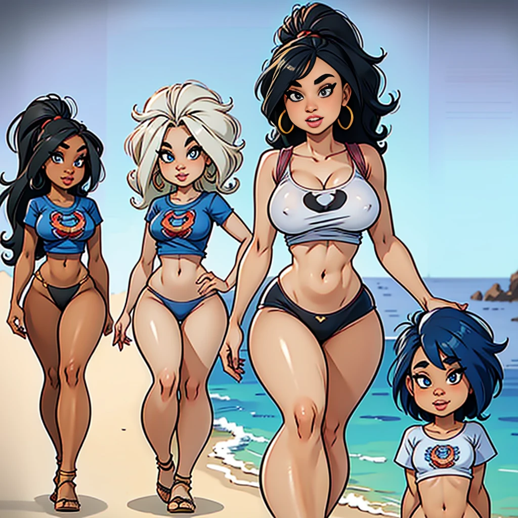 front view and side view and back view, 3 views, side by side, even spacing a-pose, t-pose, character sheet, character reference sheet, character design sheet, character model sheet. Masterpiece, 1 girl, Black beautiful woman in her twenties, huge , slim, tiny Waist, round ass, wide hips. skinny bermudas and a t-shirt. abundant curly hair, big blue eyes, small nose and full lips and playful smile. gray background.