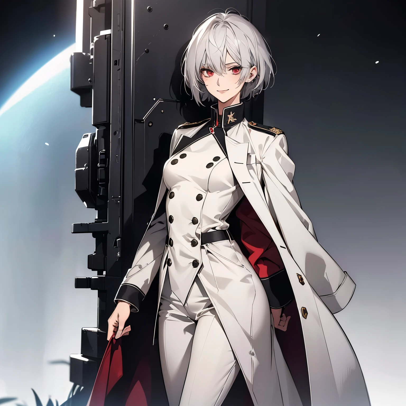 (Confused, High resolution, Very detailed), 1 female, Silver Hair,Short Hair,Bright red eyes,White and black military uniform,24th generation,beauty,mature,thin,quiet,Calm,A small smile,A kind smile,In front of people you like,Long coat,Slender and thin,boots,skinny pants,observatory,Small breasts,