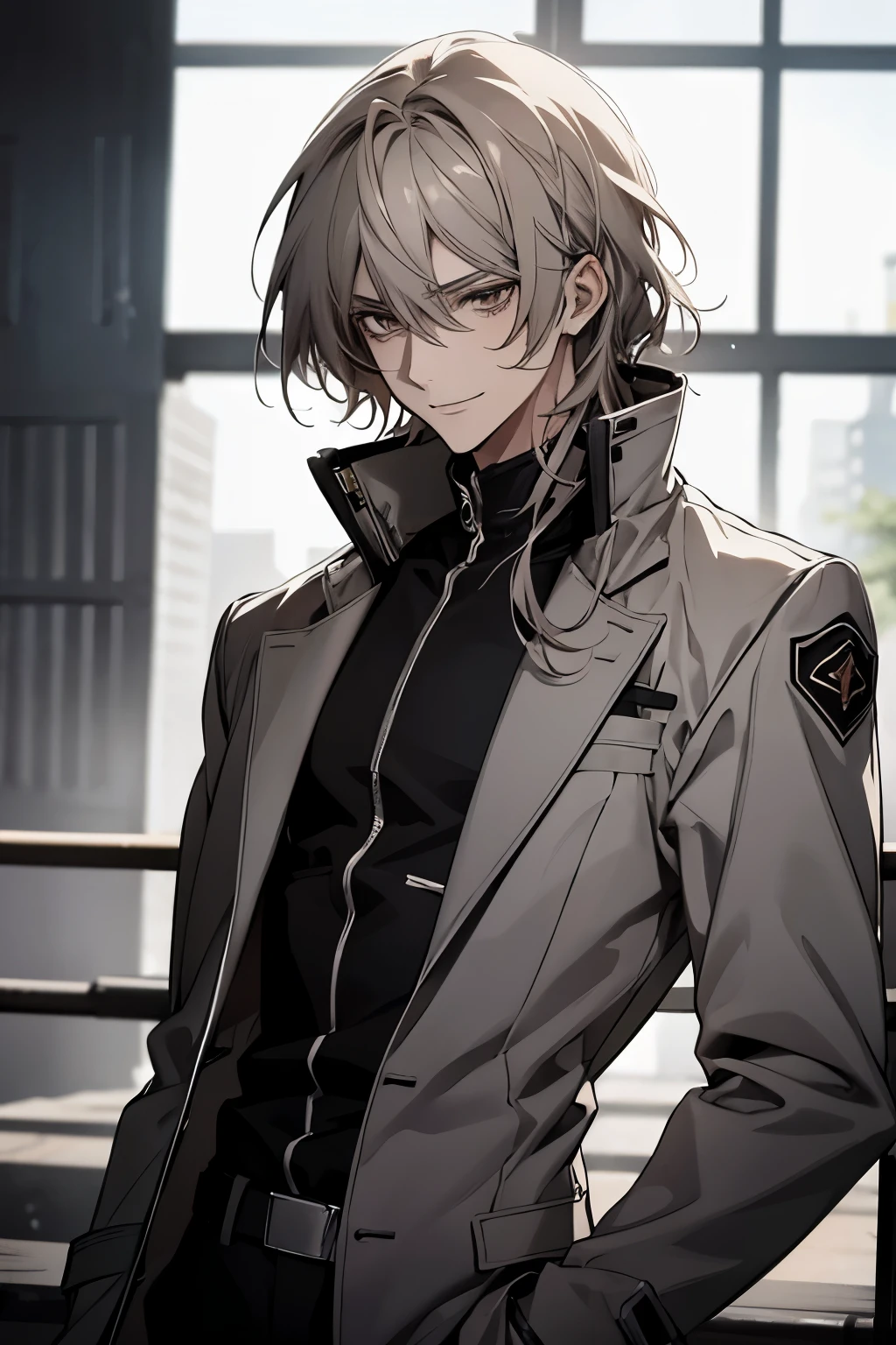 (Confused, High resolution, Very detailed), 1 male, Silver Hair,Long Hair,Looks soft,Wavy Hair,short hair,Reddish brown eyes,White and black pilot suit,24th generation,beauty,mature,thin,quiet,Calm,A small smile,A kind smile,A shy smile,In front of people you like,Long coat,Slender and thin,skinny pants,grassland,expensive,