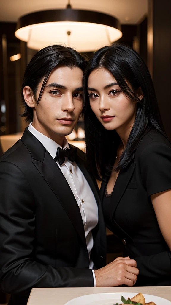 30 years old wide jaw sharp nose thick eyebrows straight long black hair European girl in suit on a date