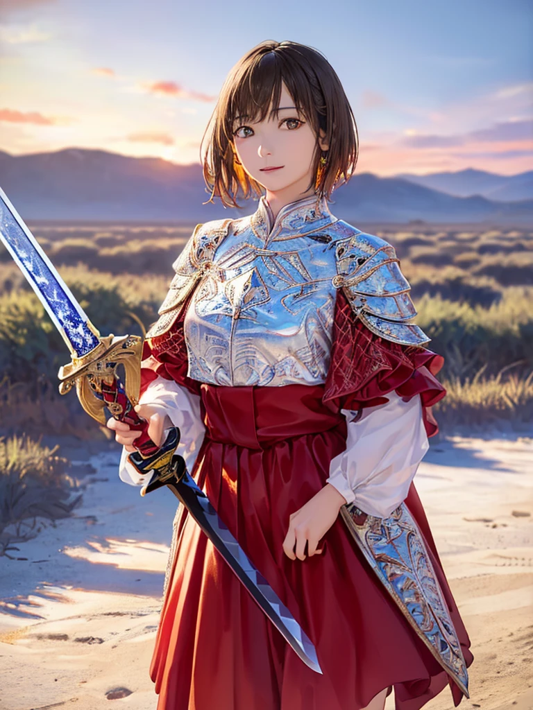 (Highest quality、8k、32K、masterpiece)、(Realistic)、(Realistic:1.2)、(High resolution)、Very detailed、とても美Funny faceと目、(((Women's Solo Shot)))、Tight waist、(Highest quality、Attention to detail、Rich skin detail)、(Highest quality、8k、Oil paints:1.2)、(Realistic、Realistic:1.37)、Bright colors、(((Cowboy Shot)))、(((Brand Hair)))、(((short hair)))、(((He has a good looking face.)))、((Rin々Funny face))、(((Sunset sky)))、(((I have a sword)))、(((Standing in the wilderness)))、(((Wearing red armor)))、(((Holding a sword)))