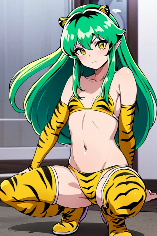 Ram、Urusei Yatsura、アグネス・Ram、(bikini tiger print).small corner、Eyeshadow Green、Tiger print bikini、((It has small yellow horns on its head)).Long Hair、(No tiger ears needed).((Both arms、Tiger print arm covers)).(tiger print boots)、Devil horns、(Droopy eyes).(8k).(Double teeth).(Green Eyes).(Urusei Yatsura).(Ram)、((No tiger ears)).((Small Corner)).(Glamour)、Ram.