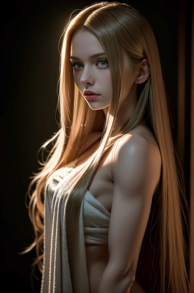 A very long straight silky red haired sweden girl, bang, green eyes, 20 years old, young, pale skin, Ultra high res, uhd, (photorealistic:1.4), mons veneris from the side, doll-like face, in a dark room dramatic lighting, shy,  full body shot, side view, a towel wrapping around her body,