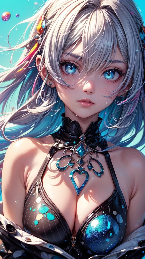 (((masterpiece))),(((Highest quality))),((Very detailed)),(figure),(Dynamic Angle), ((floating)),(paint),((Disheveled Hair)), (alone),(One girl), ((Mid-chest)), (((Detailed anima face))),((Beautifully detailed face)),collar,Exposing shoulders,  Gray Hair, ((Colorful Hair)),((Striped Hair)), Beautiful attention to detail,(Gradient color eyes),(((Colorful eyes))), (((Colorful background))),(((High saturation))),(((Surrounded by colorful splashes))),(((Surrounded by colorful dots))),Colorful Bubbles,((The Shining))