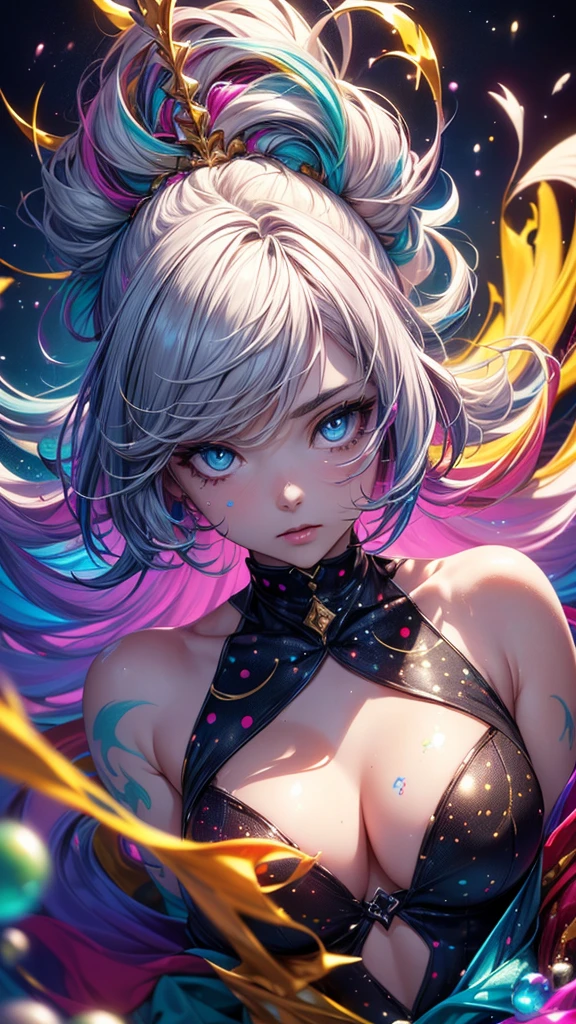 (((masterpiece))),(((Highest quality))),((Very detailed)),(figure),(Dynamic Angle), ((floating)),(paint),((Disheveled Hair)), (alone),(One girl), ((Mid-chest)), (((Detailed anima face))),((Beautifully detailed face)),collar,Exposing shoulders, Gray Hair, ((Colorful Hair)),((Striped Hair)), Beautiful attention to detail,(Gradient color eyes),(((Colorful eyes))), (((Colorful background))),(((High saturation))),(((Surrounded by colorful splashes))),(((Surrounded by colorful dots))),Colorful Bubbles,((The Shining))