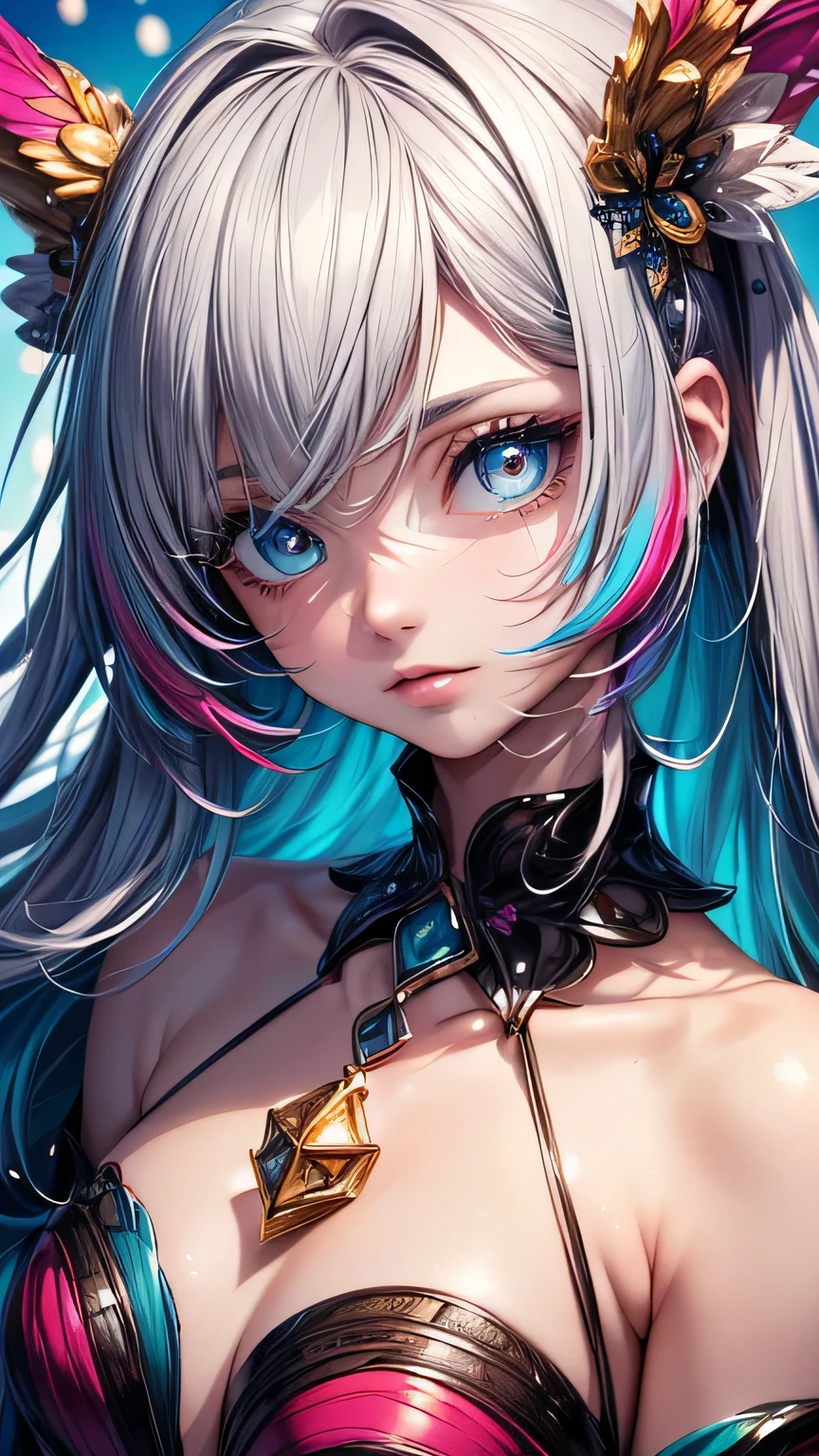 (((masterpiece))),(((Highest quality))),((Very detailed)),(figure),(Dynamic Angle), ((floating)),(paint),((Disheveled Hair)), (alone),(One girl), ((small_chest)), (((Detailed anima face))),((Beautifully detailed face)),collar,Exposing shoulders,  Gray Hair, ((Colorful Hair)),((Striped Hair)), Beautiful attention to detail,(Gradient color eyes),(((Colorful eyes))), (((Colorful background))),(((High saturation))),(((Surrounded by colorful splashes))),(((Surrounded by colorful dots))),Colorful Bubbles,((The Shining))
