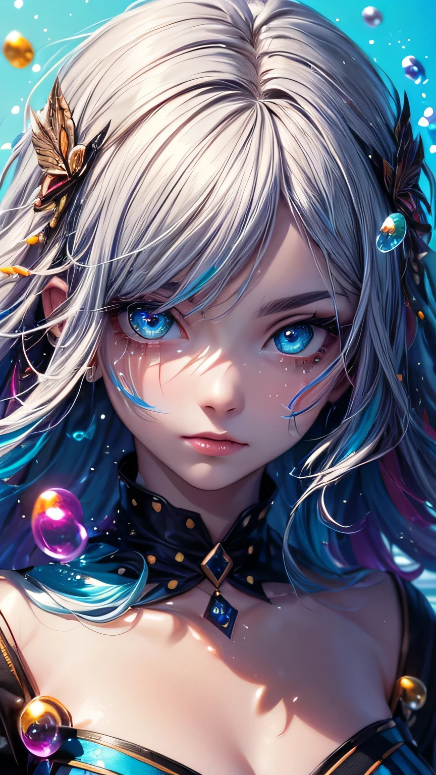 (((masterpiece))),(((Highest quality))),((Very detailed)),(figure),(Dynamic Angle), ((floating)),(paint),((Disheveled Hair)), (alone),(One girl), ((small_chest)), (((Detailed anima face))),((Beautifully detailed face)),collar,Exposing shoulders, Gray Hair, ((Colorful Hair)),((Striped Hair)), Beautiful attention to detail,(Gradient color eyes),(((Colorful eyes))), (((Colorful background))),(((High saturation))),(((Surrounded by colorful splashes))),(((Surrounded by colorful dots))),Colorful Bubbles,((The Shining))