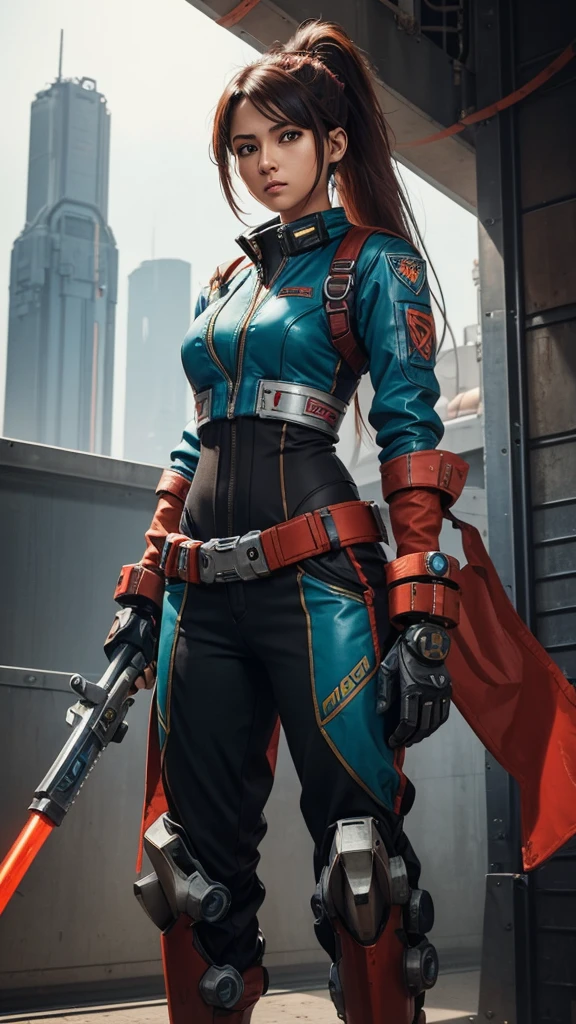 a woman in a pipe wrench costume, a mech arena video game character, the beautiful and tomboyish Neev, with green long hair in a 2-sided ponytail, Neev from Mech Arena, the junker queen of Mech Arena, holding a large red pipe wrench in her right hand, a mechanical girl, a legendary pilot character from the mech arena game, a mech arena pilot character, red mechanical punk clothes, on her right waist there is a red futuristic oni type and on her left waist there is a blue futuristic oni mask, standing upright with her left hand on her waist.