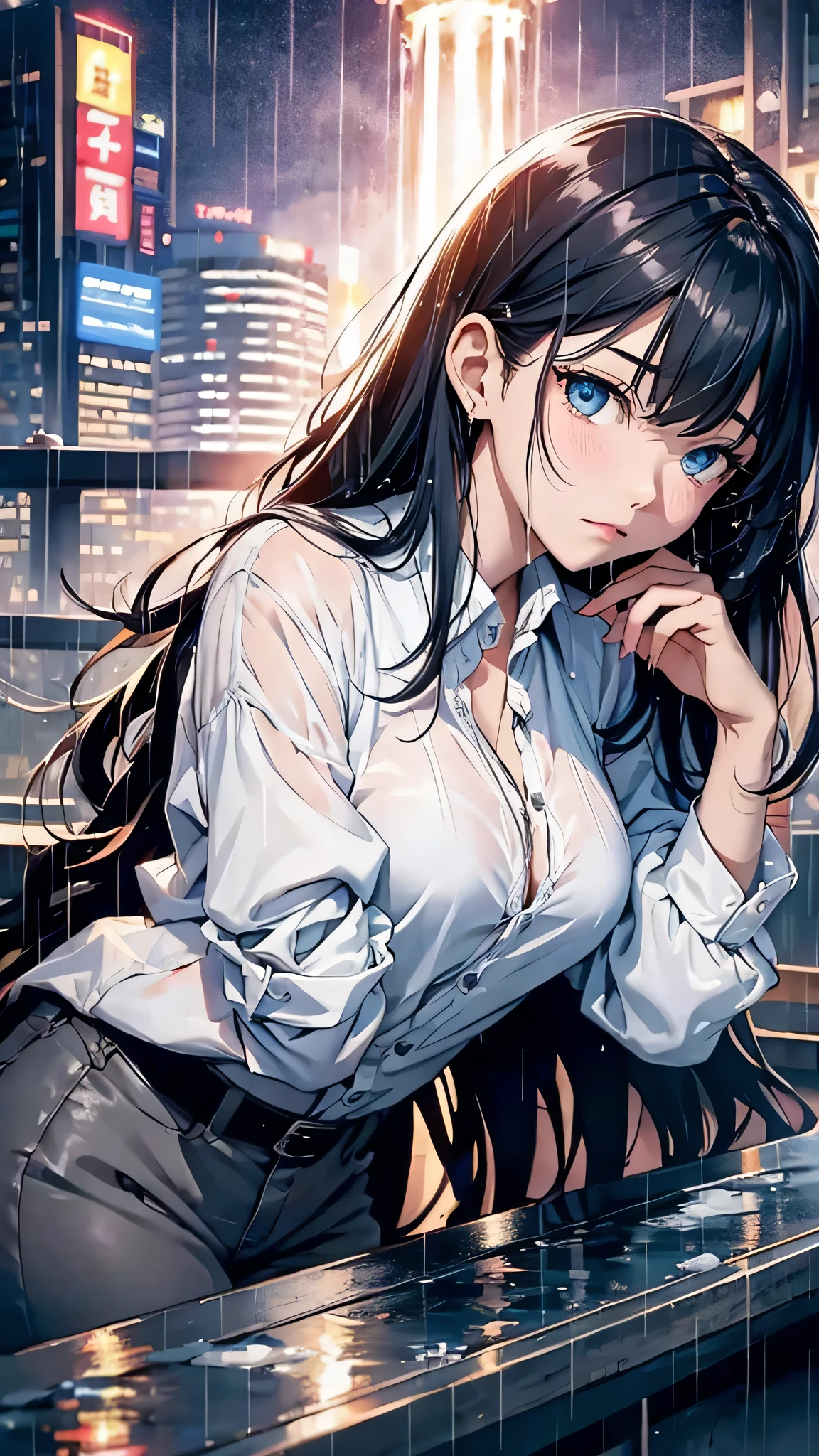 最high quality、Best image quality、masterpiece、With a girl((cute、16 years old、Best Bust、Medium Bust、Beautiful Blue Eyes、Spread your chest wide,Black Hair、Disheveled Hair、thin、Highest Valley、white open Y shirt,Black trousers、Teary whole body is wet、cry、Sad face))high quality、Beautiful art、background((night、heavy rain、City、Lightning strikes、fountain park)),Tabletop、Exquisite design、Visual Arts、Written boundary depth、Best lighting、Highest detail、8k