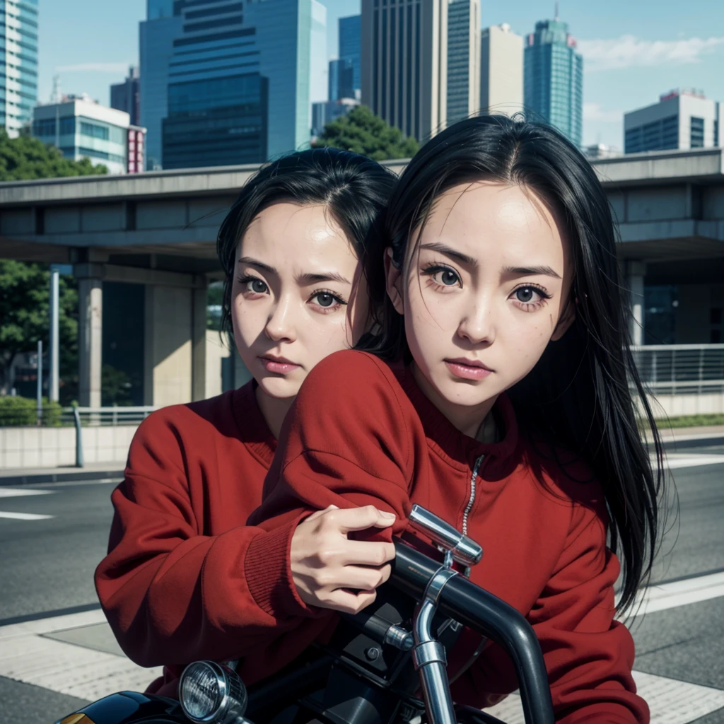 Screenshot style from the anime Tokyo Revenges by Ken Wakui, adult woman, 20 years old, red eyes, slanted eyes, all black hair, long, loose, side-sweat, SHOWING FOREHEAD, NO HAIR ON FOREHEAD, NO HAIR IN FRONT OF FACE, NO HAIR IN FRONT OF EYES, sweatshirt, riding a Japanese motorcycle, old red Kawasaki, city background