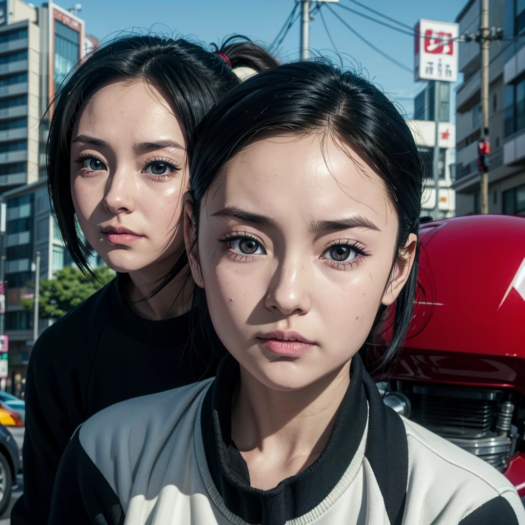 Screenshot style from the anime Tokyo Revenges by Ken Wakui, adult woman, 20 years old, red eyes, slanted eyes, all black hair, long, loose, side-sweat, SHOWING FOREHEAD, NO HAIR ON FOREHEAD, NO HAIR IN FRONT OF FACE, NO HAIR IN FRONT OF EYES, sweatshirt, riding a Japanese motorcycle, old red Kawasaki, city background