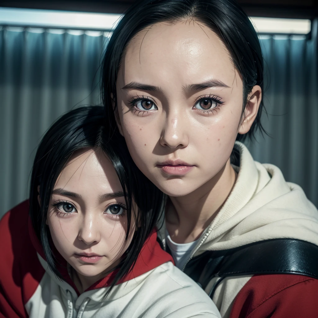 Screenshot style from the anime Tokyo Revenges by Ken Wakui, adult woman, 20 years old, red eyes, slanted eyes, all black hair, long, loose, side-sweat, SHOWING FOREHEAD, NO HAIR ON FOREHEAD, NO HAIR IN FRONT OF FACE, NO HAIR IN FRONT OF EYES, sweatshirt, riding a Japanese motorcycle, old red Kawasaki, city background